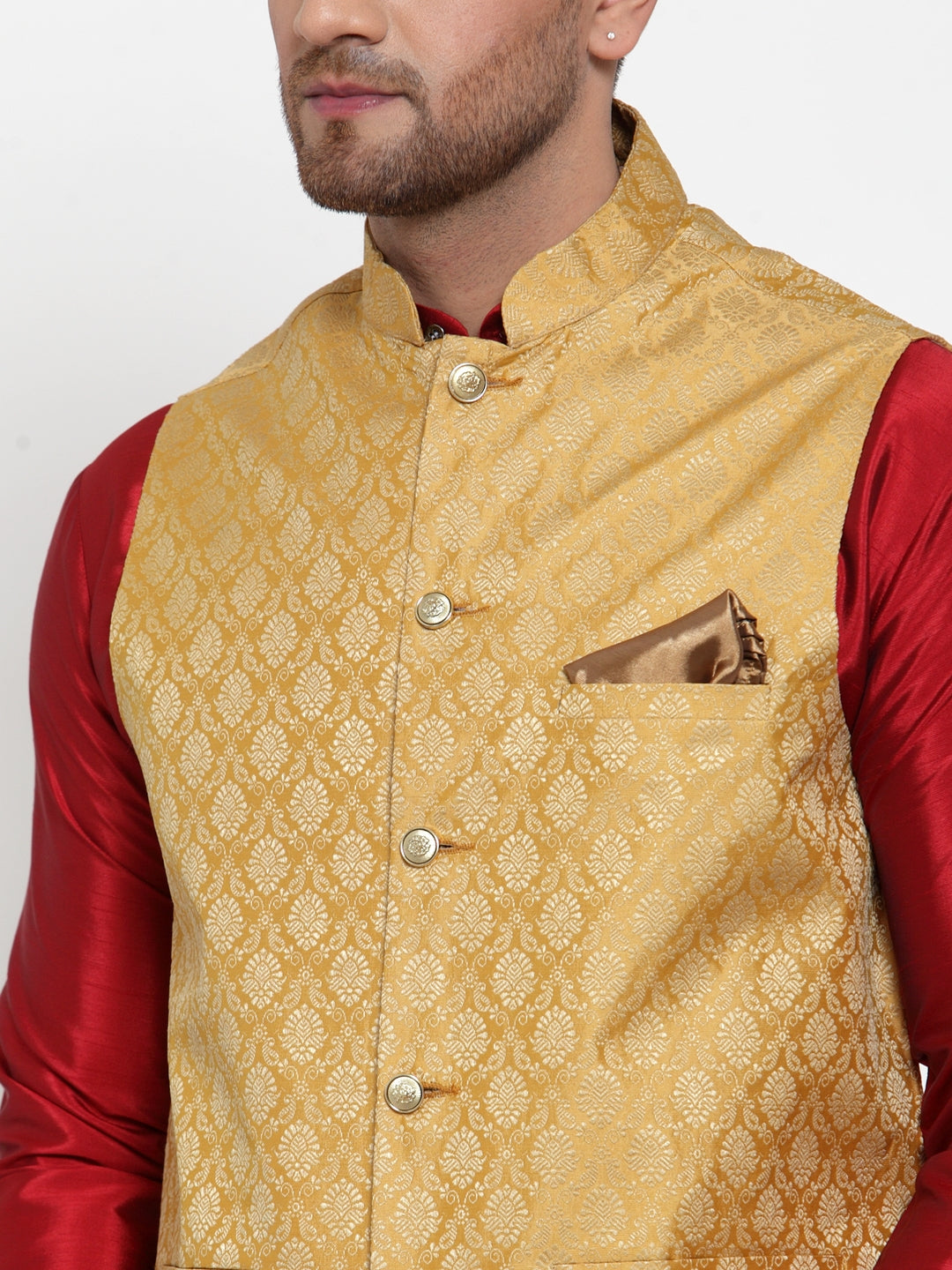 Men's Gold Woven Jacquard Nehru Jacket ( JOWC 4005Golden )