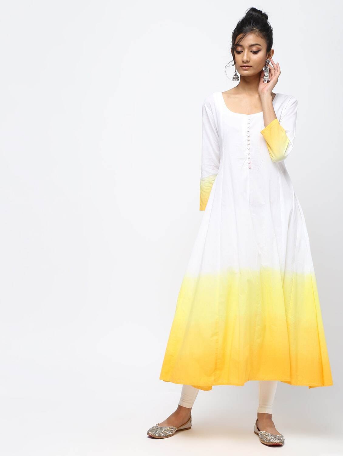 Women's White & Yellow Flair Kurta Only With Double Dyed Omre - Cheera USA