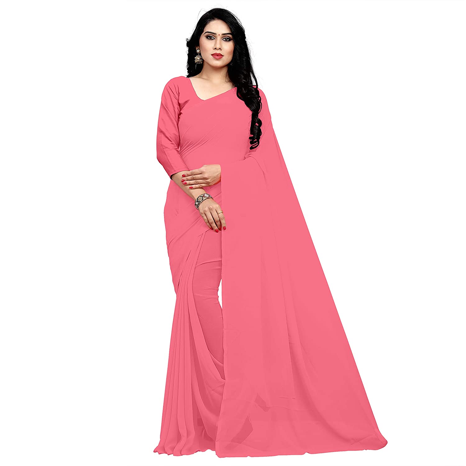 Women's Plain Woven Daily Wear  Formal Georgette Sari With Blouse Piece (Baby Pink) - NIMIDHYA