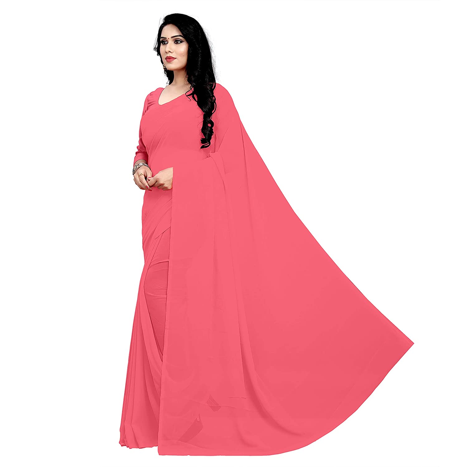 Women's Plain Woven Daily Wear  Formal Georgette Sari With Blouse Piece (Baby Pink) - NIMIDHYA