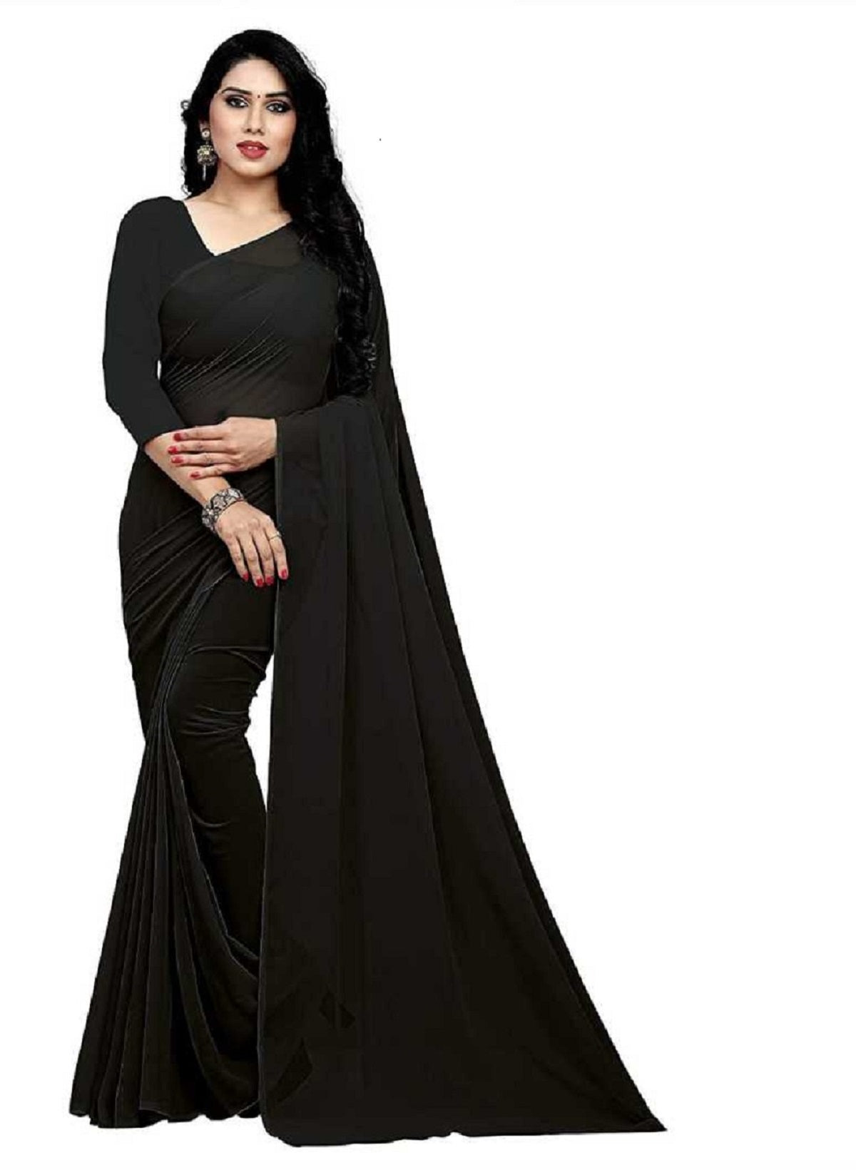 Women's Plain Woven Daily Wear  Formal Georgette Sari With Blouse Piece (Black) - NIMIDHYA