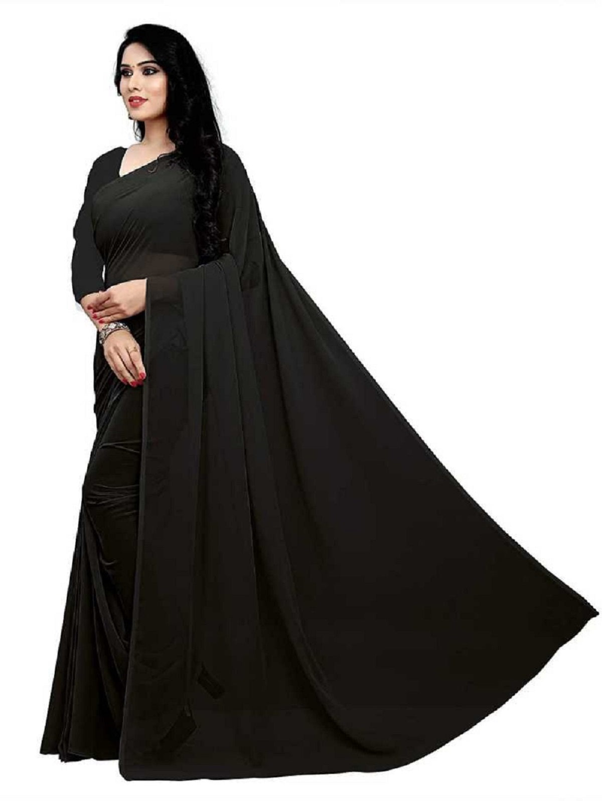 Women's Plain Woven Daily Wear  Formal Georgette Sari With Blouse Piece (Black) - NIMIDHYA