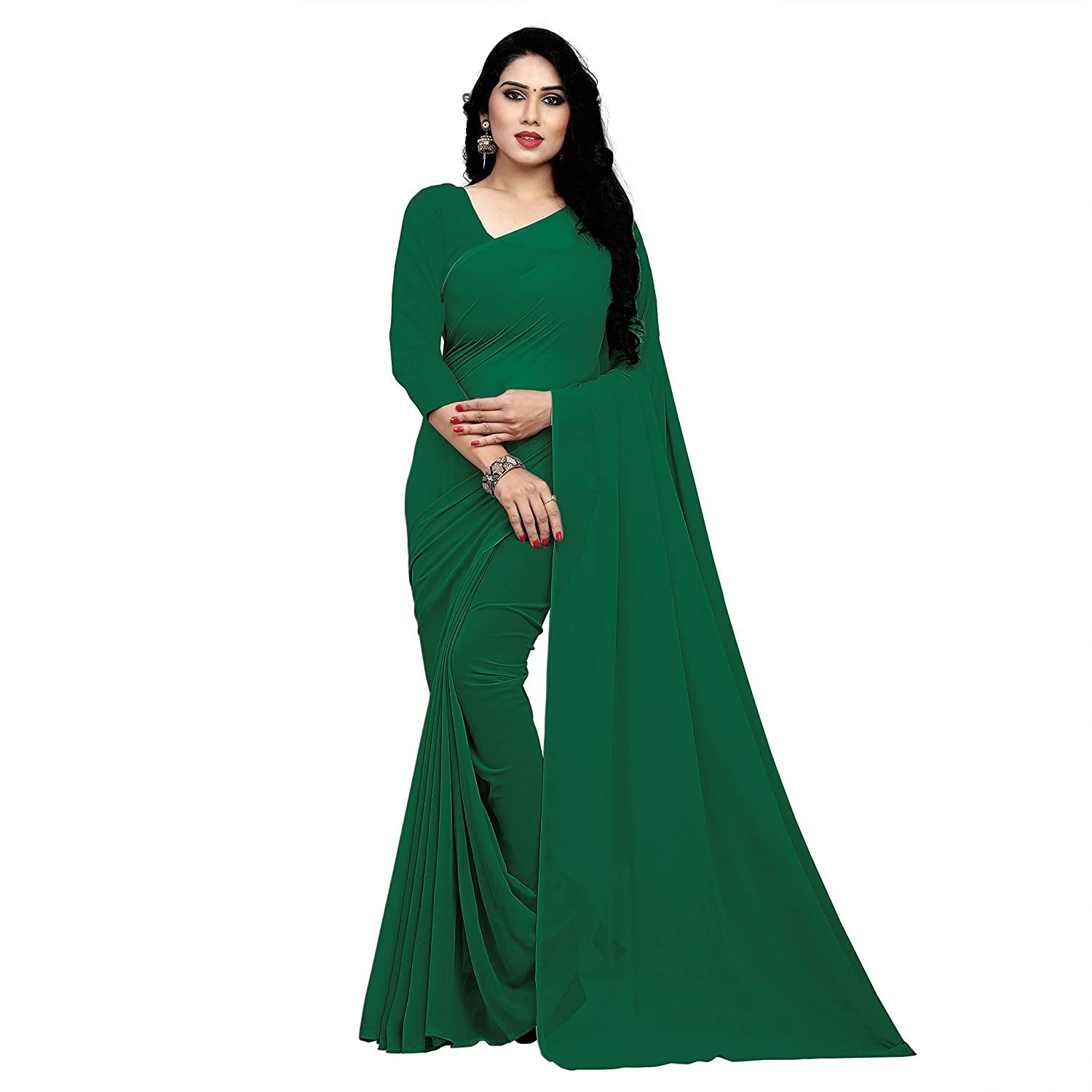 Women's Plain Woven Daily Wear  Formal Georgette Sari With Blouse Piece (Bottle Green) - NIMIDHYA
