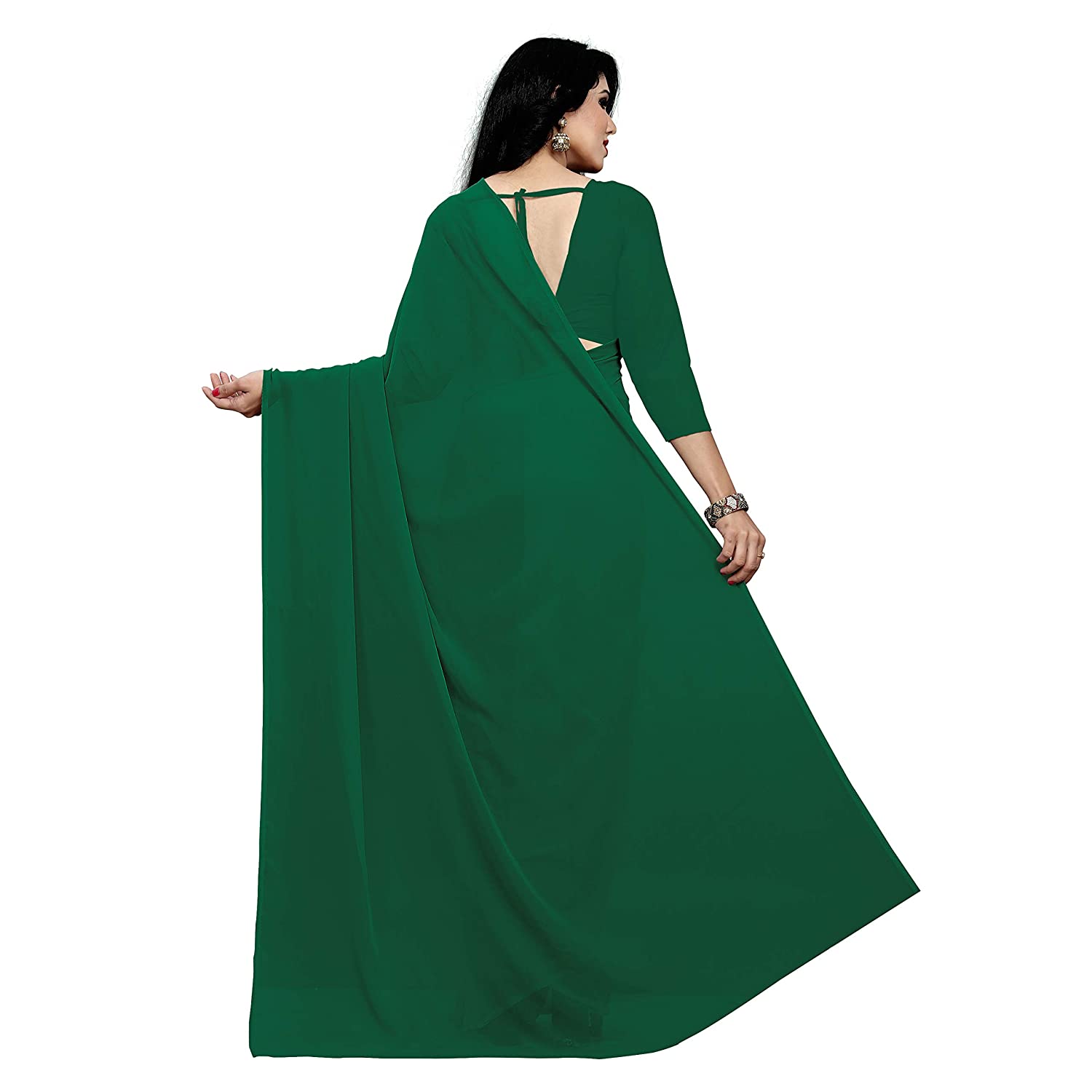 Women's Plain Woven Daily Wear  Formal Georgette Sari With Blouse Piece (Bottle Green) - NIMIDHYA