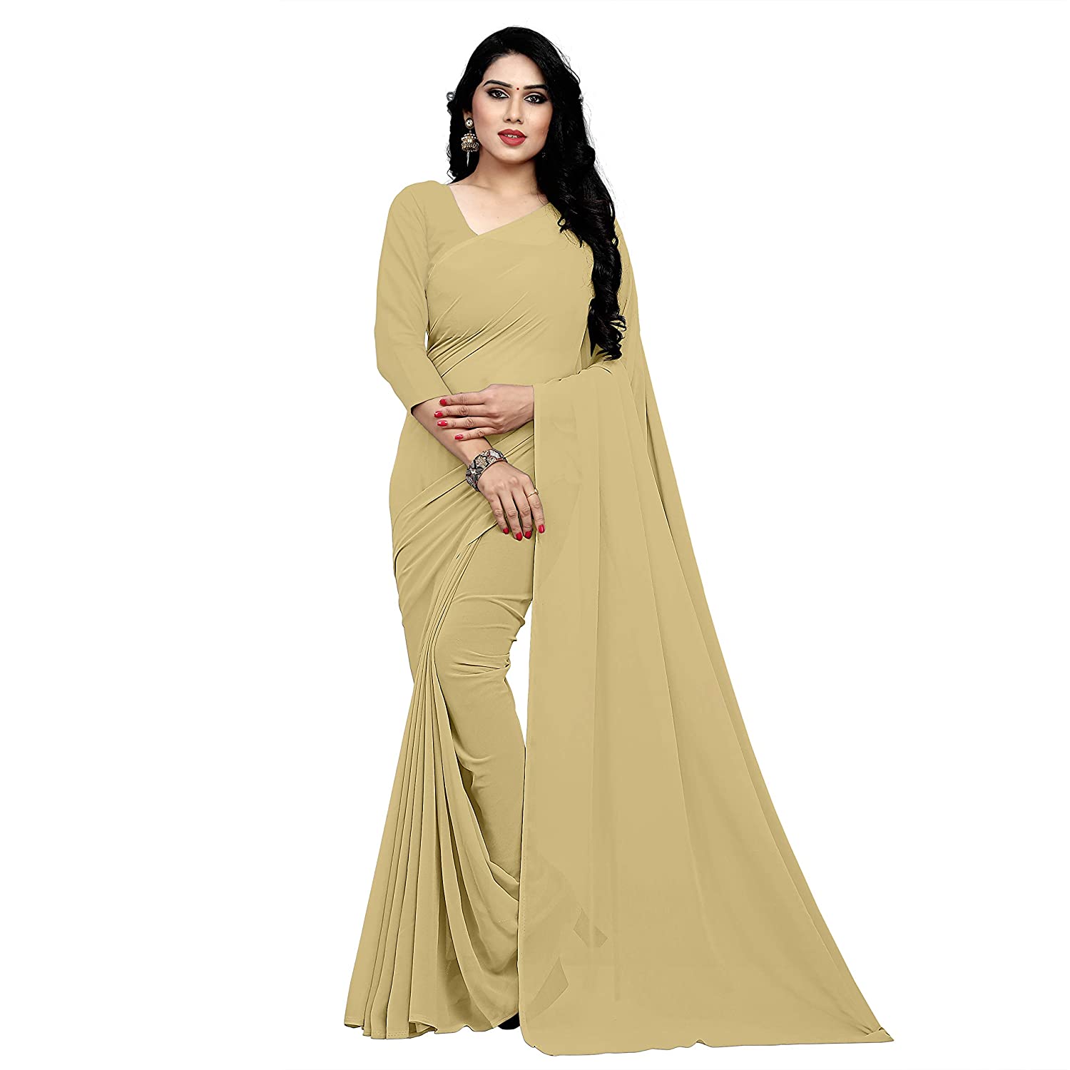 Women's Plain Woven Daily Wear  Formal Georgette Sari With Blouse Piece (Chiku) - NIMIDHYA