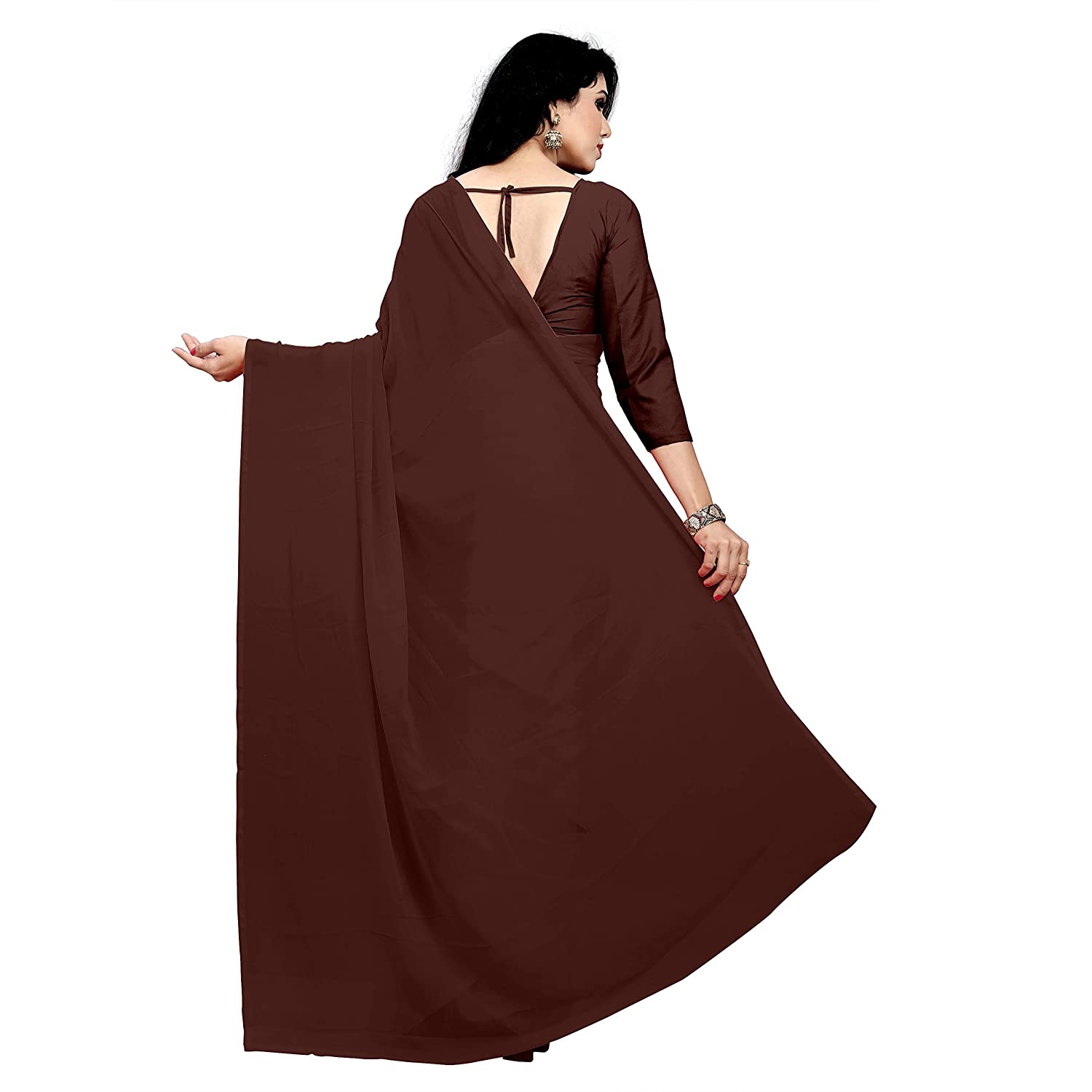 Women's Plain Woven Daily Wear  Formal Georgette Sari With Blouse Piece (Coffee) - NIMIDHYA