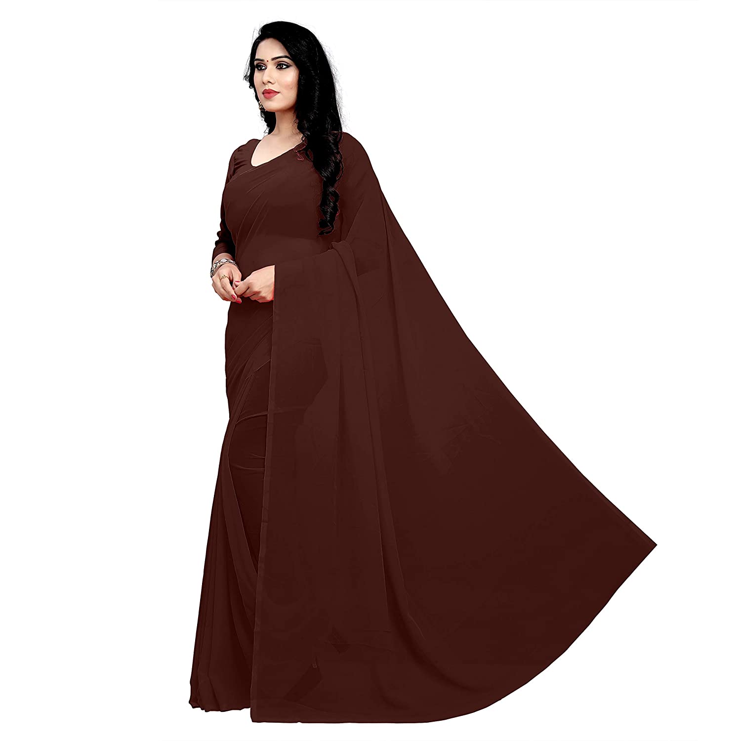 Women's Plain Woven Daily Wear  Formal Georgette Sari With Blouse Piece (Coffee) - NIMIDHYA