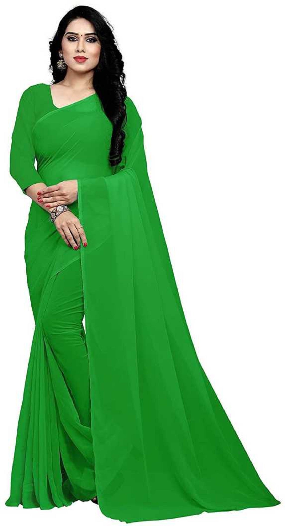 Women's Plain Woven Daily Wear  Formal Georgette Sari With Blouse Piece (Dark Green) - NIMIDHYA