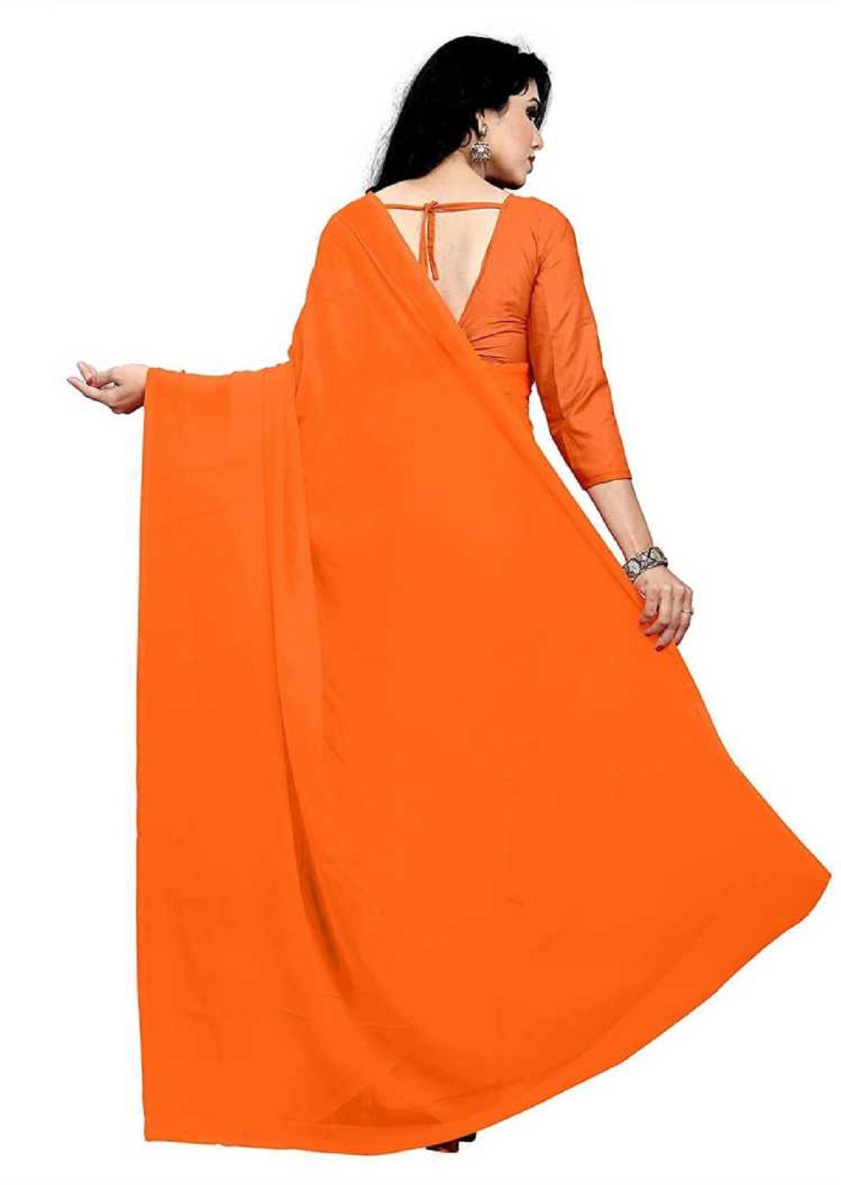Women's Plain Woven Daily Wear  Formal Georgette Sari With Blouse Piece (Dark Orange) - NIMIDHYA