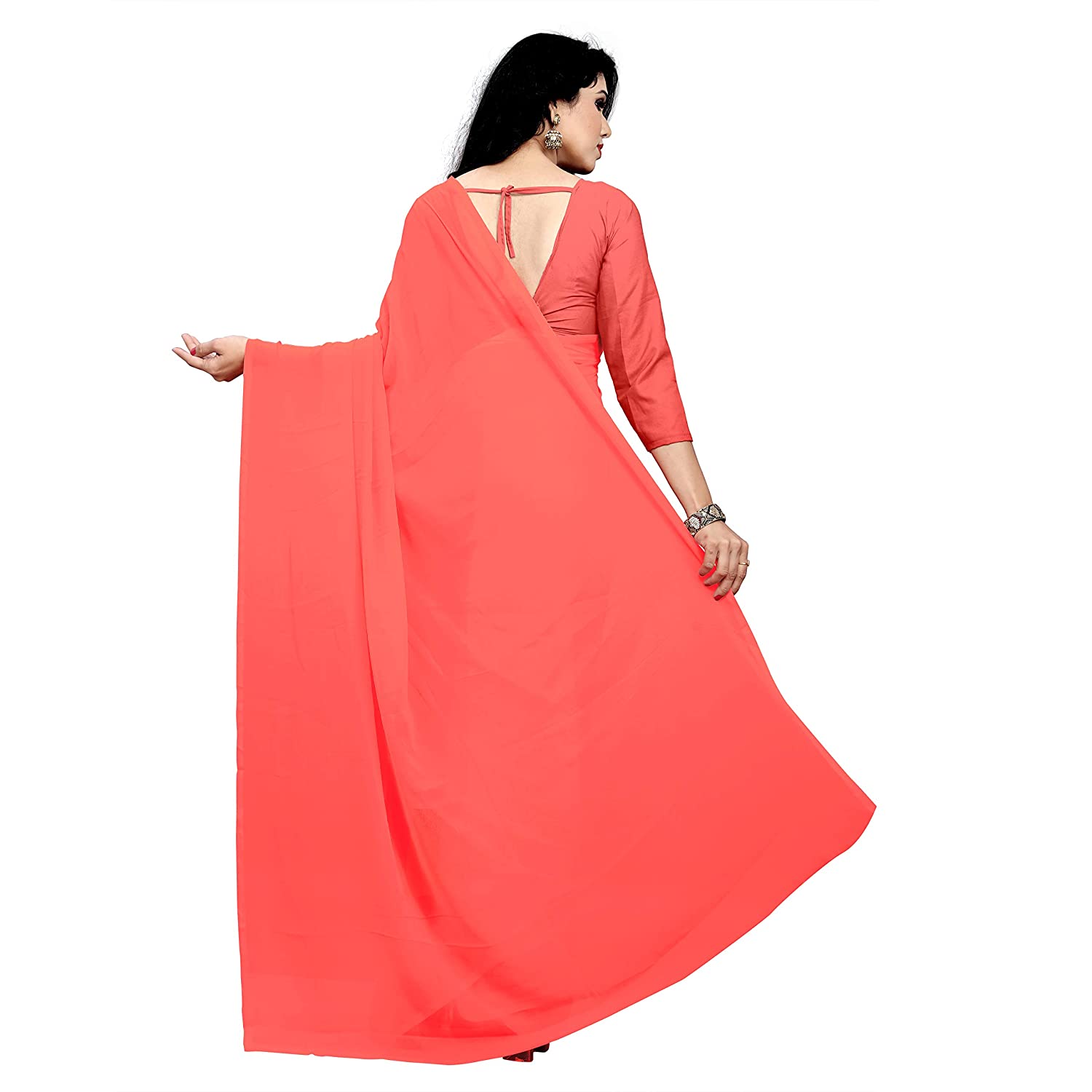 Women's Plain Woven Daily Wear  Formal Georgette Sari With Blouse Piece (Gajri Red) - NIMIDHYA