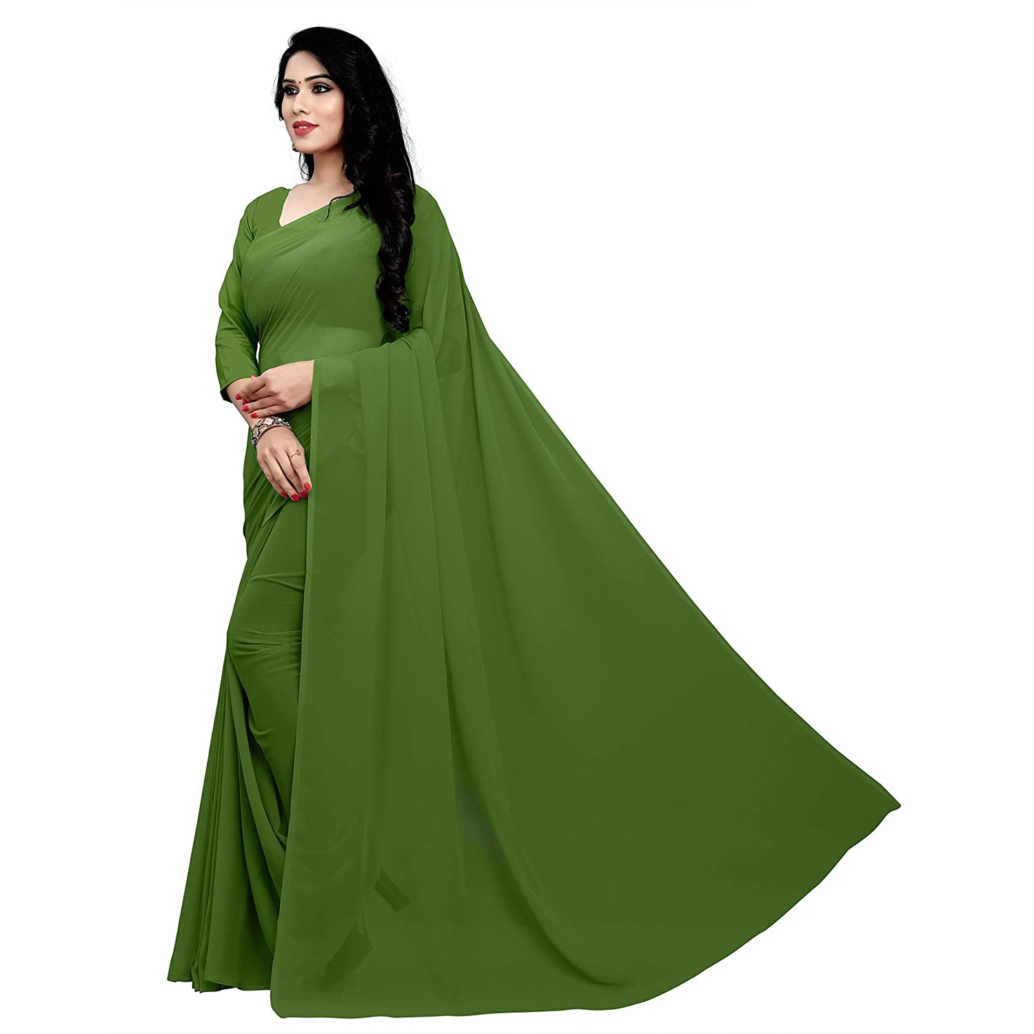Women's Plain Woven Daily Wear  Formal Georgette Sari With Blouse Piece (Mehandi Green) - NIMIDHYA