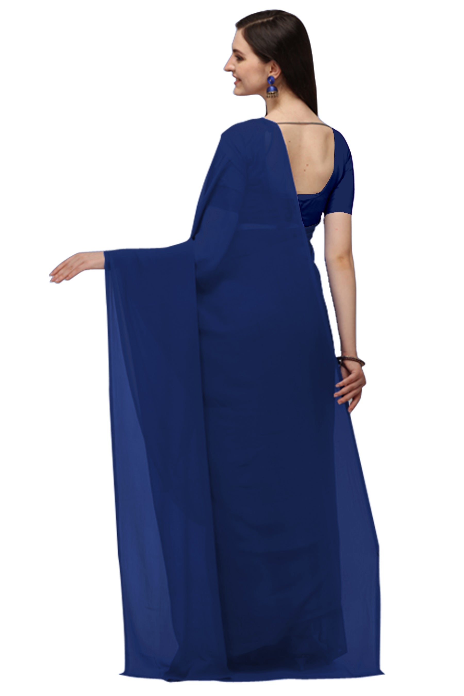 Women's Plain Woven Daily Wear  Formal Georgette Sari With Blouse Piece (Navy Blue) - NIMIDHYA