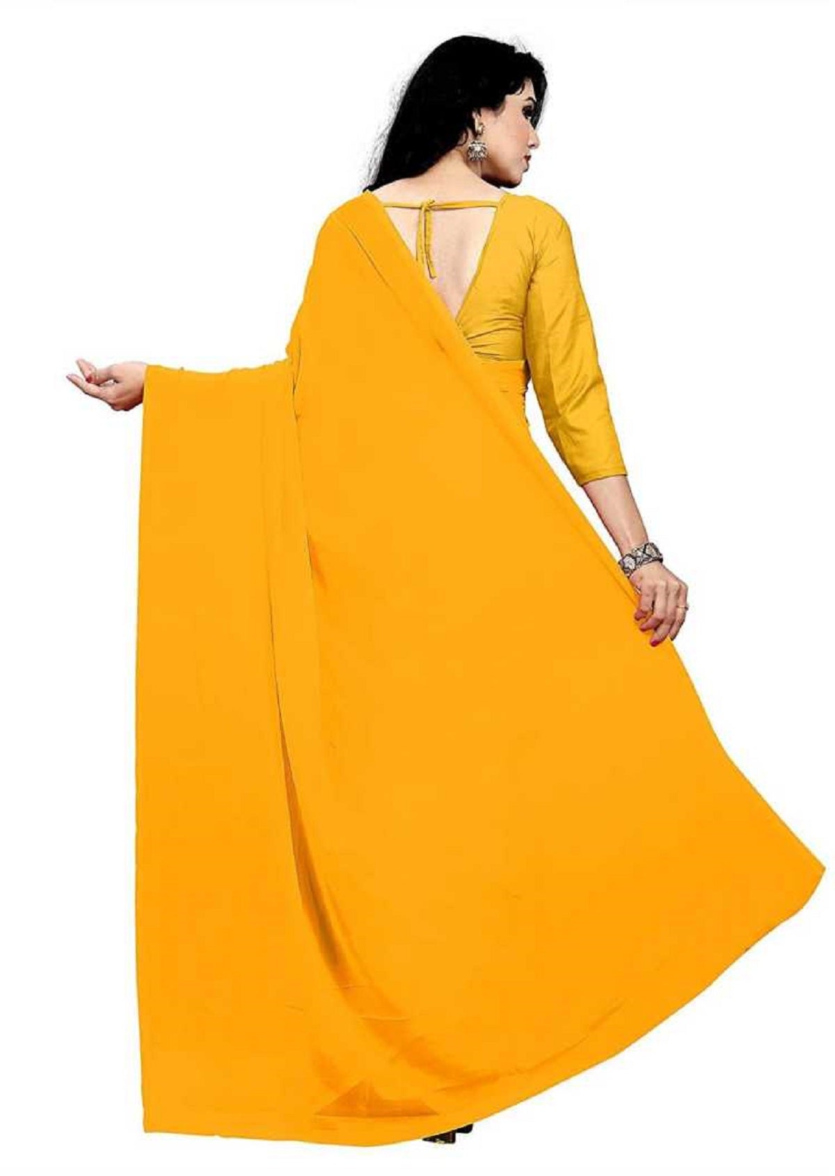 Women's Plain Woven Daily Wear  Formal Georgette Sari With Blouse Piece (Orange) - NIMIDHYA