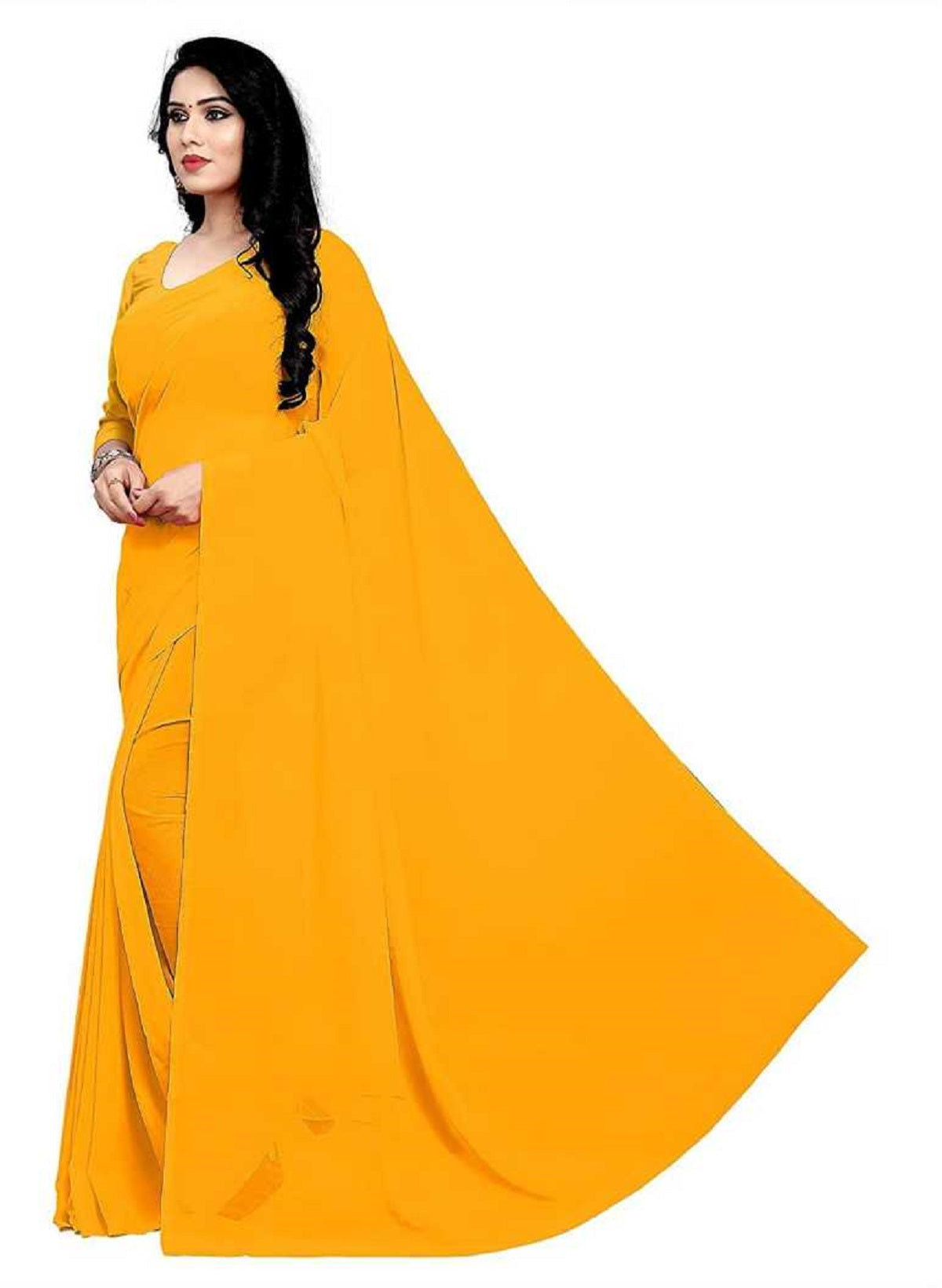 Women's Plain Woven Daily Wear  Formal Georgette Sari With Blouse Piece (Orange) - NIMIDHYA