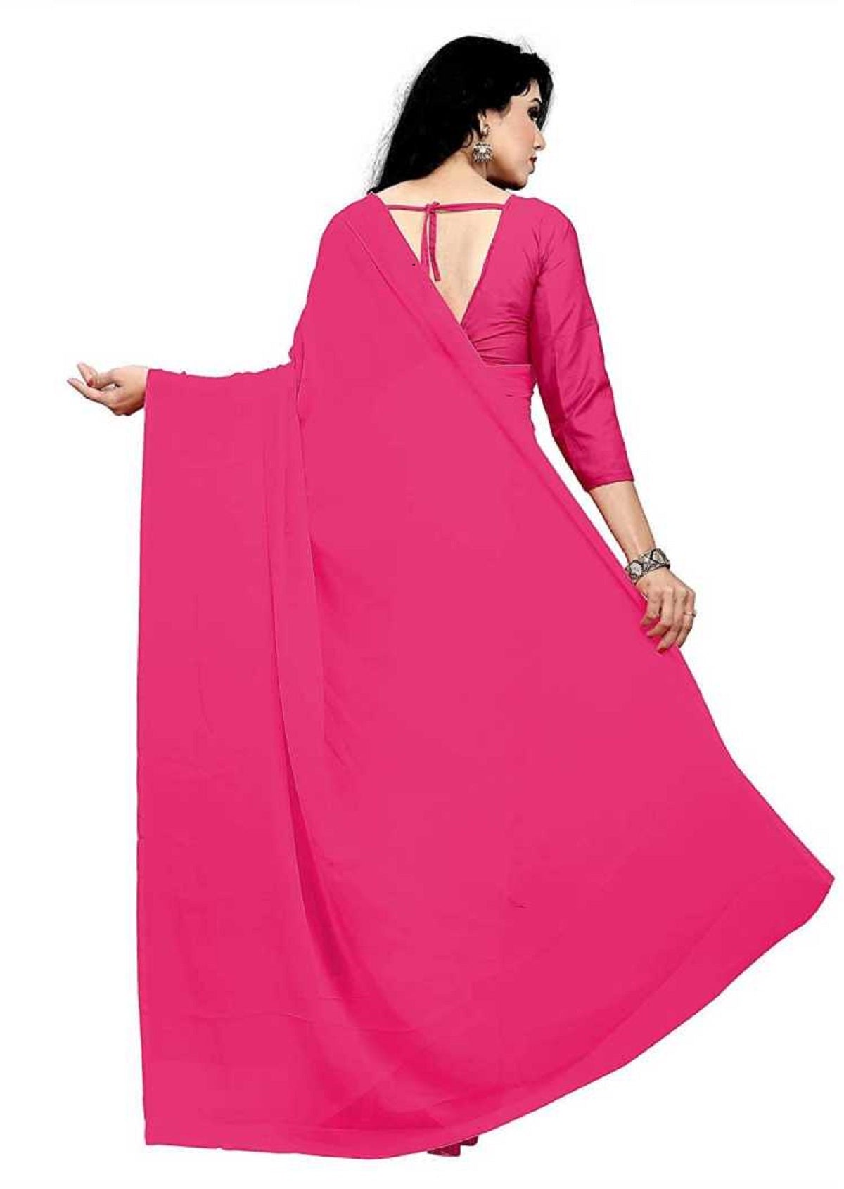 Women's Plain Woven Daily Wear  Formal Georgette Sari With Blouse Piece (Pink) - NIMIDHYA