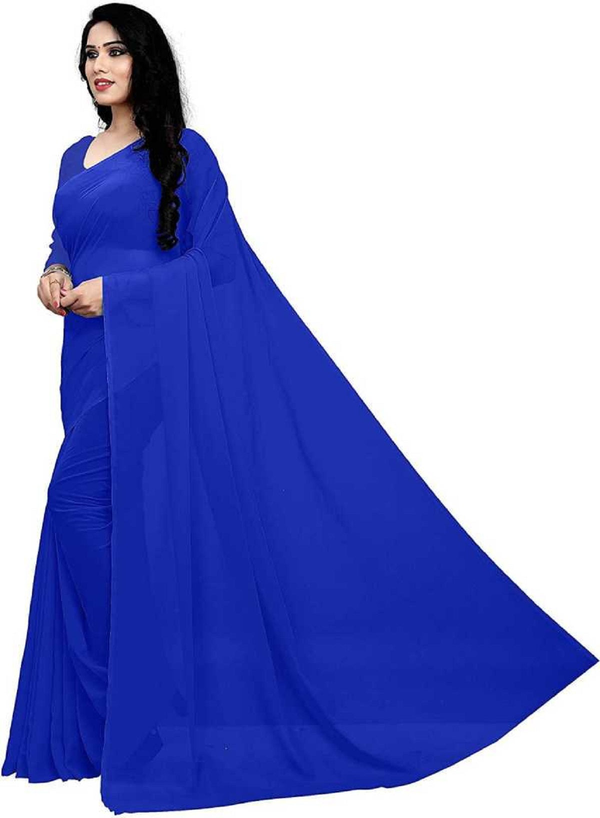 Women's Plain Woven Daily Wear  Formal Georgette Sari With Blouse Piece (Royal Blue) - NIMIDHYA