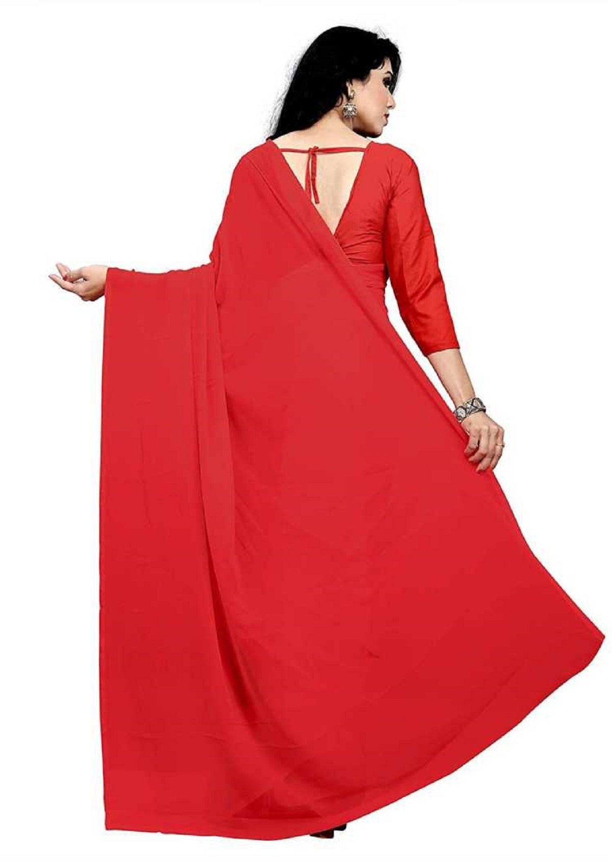 Women's Plain Woven Daily Wear  Formal Georgette Sari With Blouse Piece (Red) - NIMIDHYA