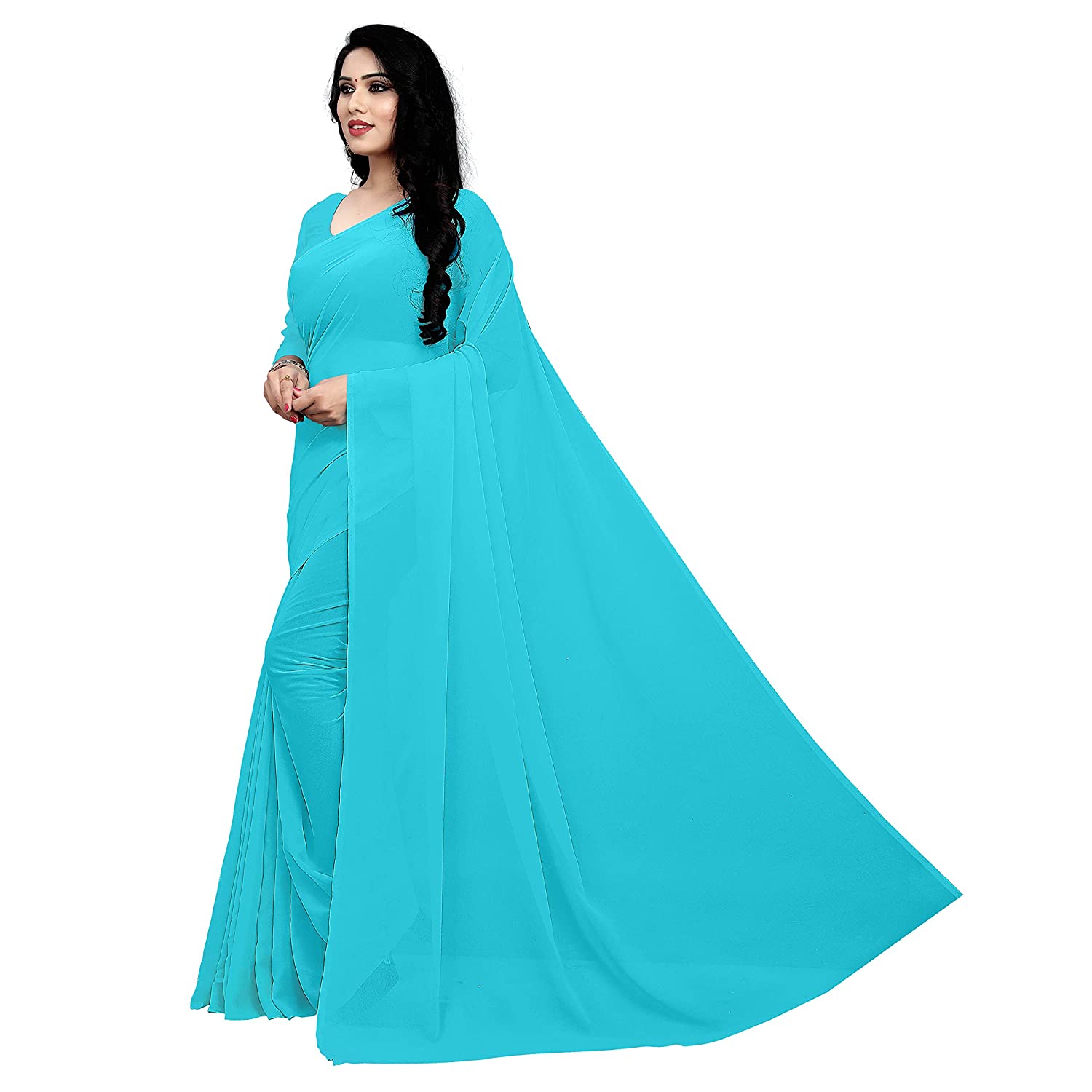 Women's Plain Woven Daily Wear  Formal Georgette Sari With Blouse Piece (Sky Blue) - NIMIDHYA