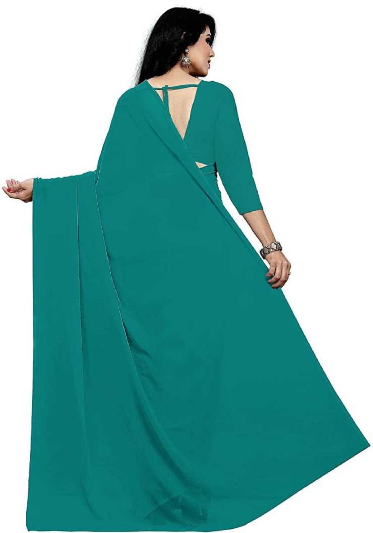 Women's Plain Woven Daily Wear  Formal Georgette Sari With Blouse Piece (Teal Blue) - NIMIDHYA