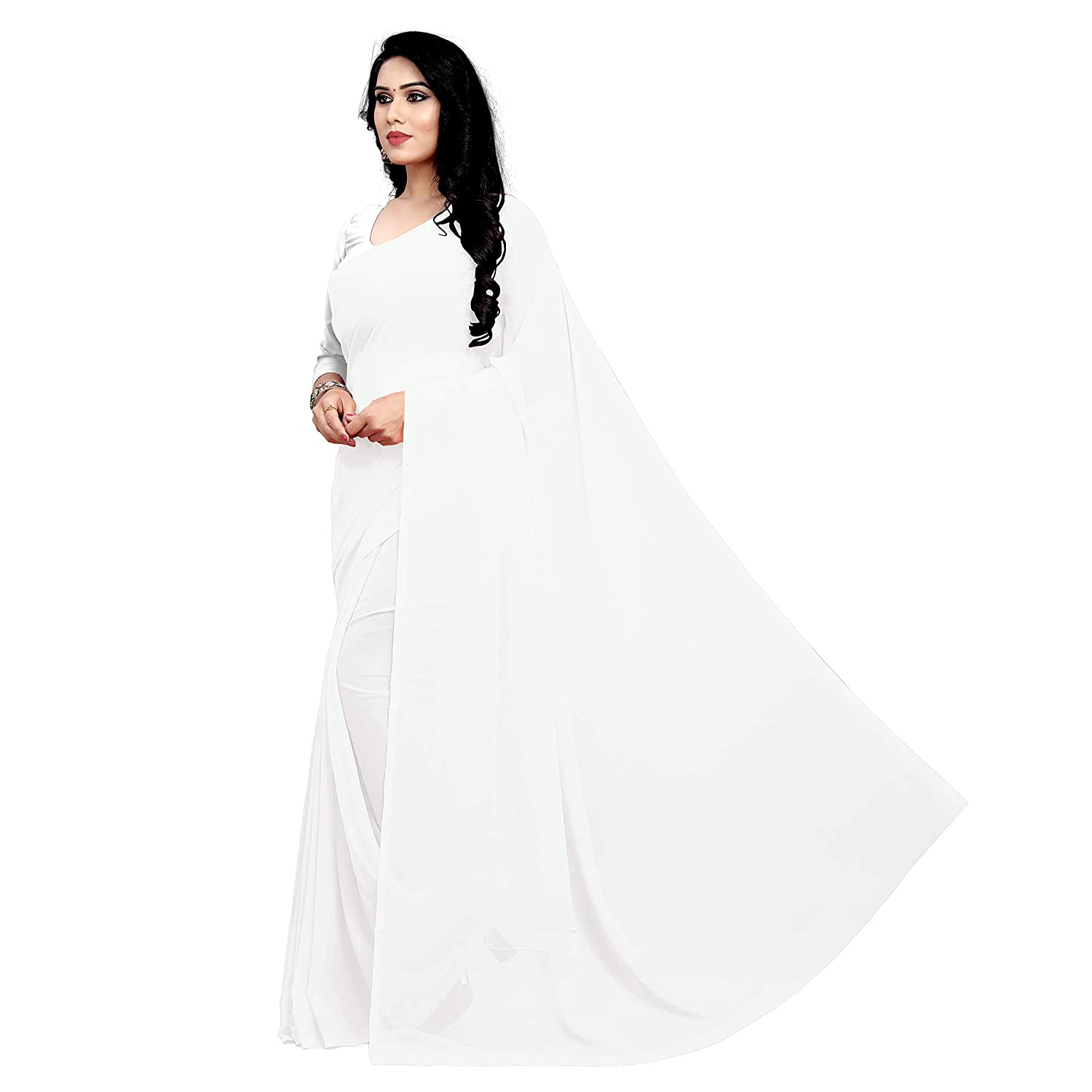 Women's Plain Woven Daily Wear  Formal Georgette Sari With Blouse Piece (White) - NIMIDHYA
