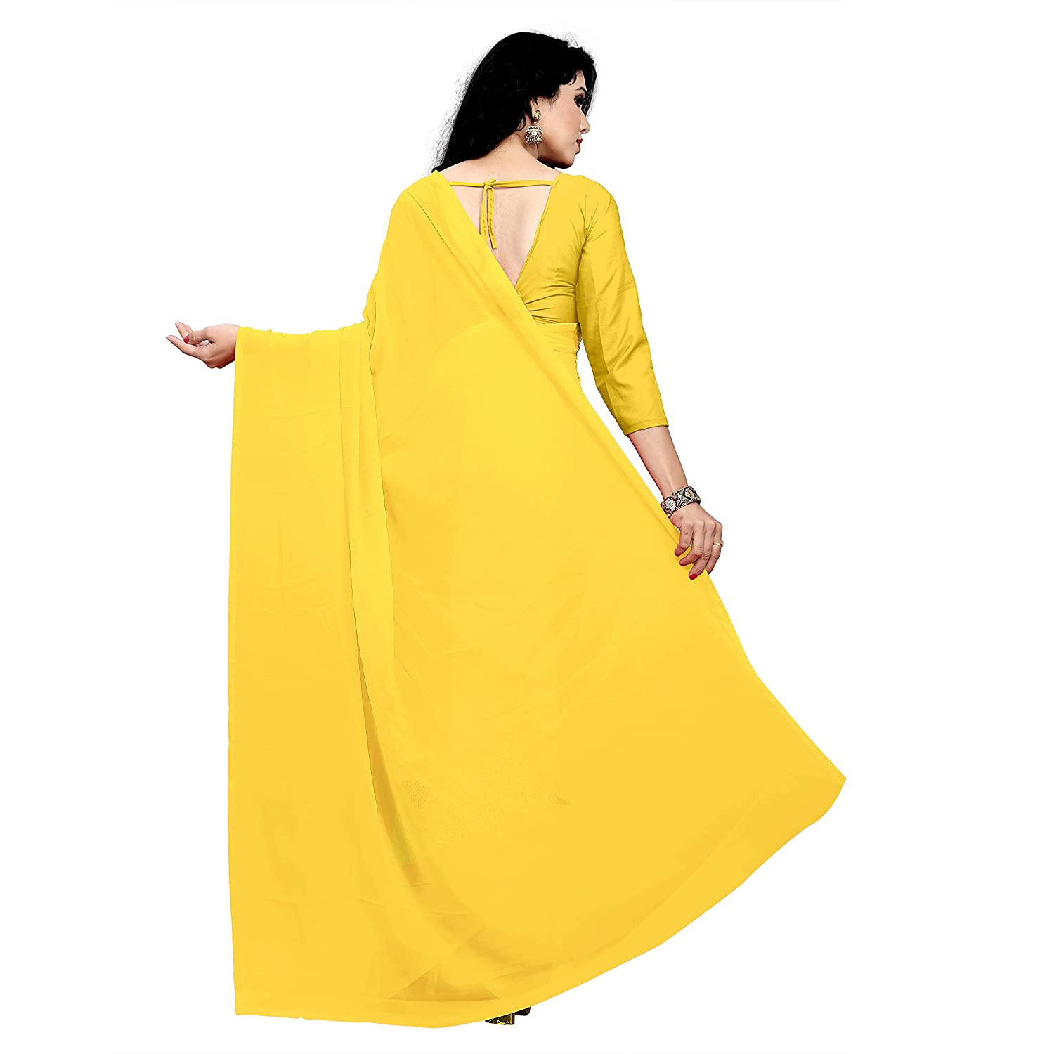 Women's Plain Woven Daily Wear  Formal Georgette Sari With Blouse Piece (Yellow) - NIMIDHYA