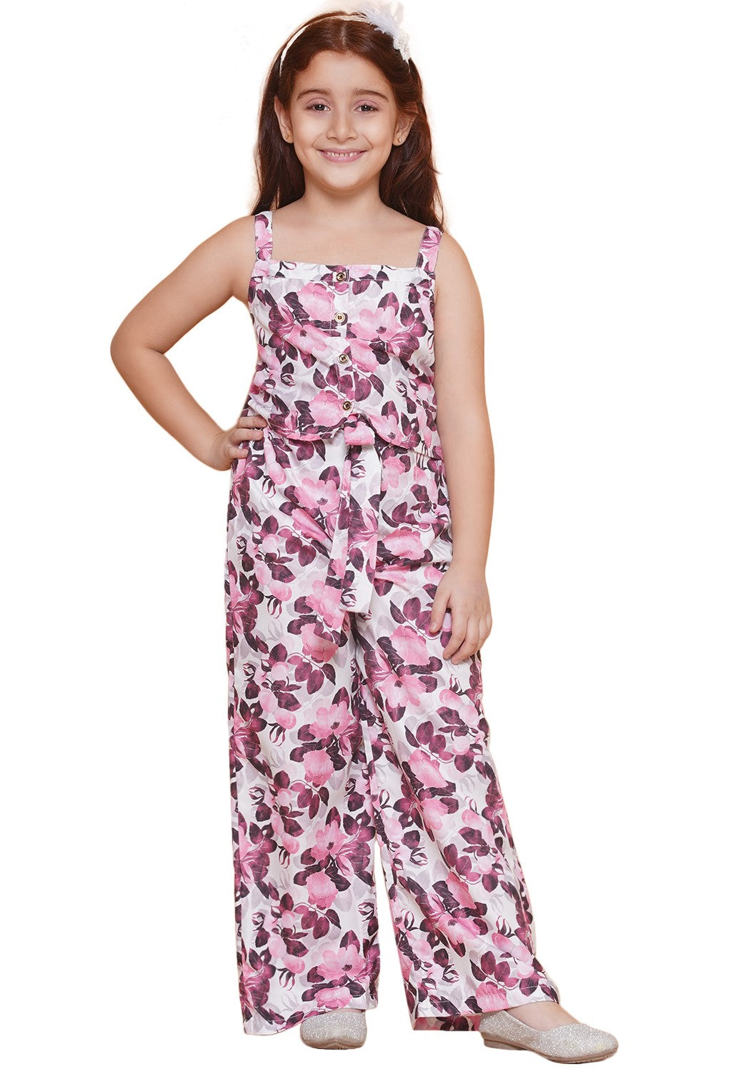 Girls Pink Crepe Printed Straight Co-Ord Set