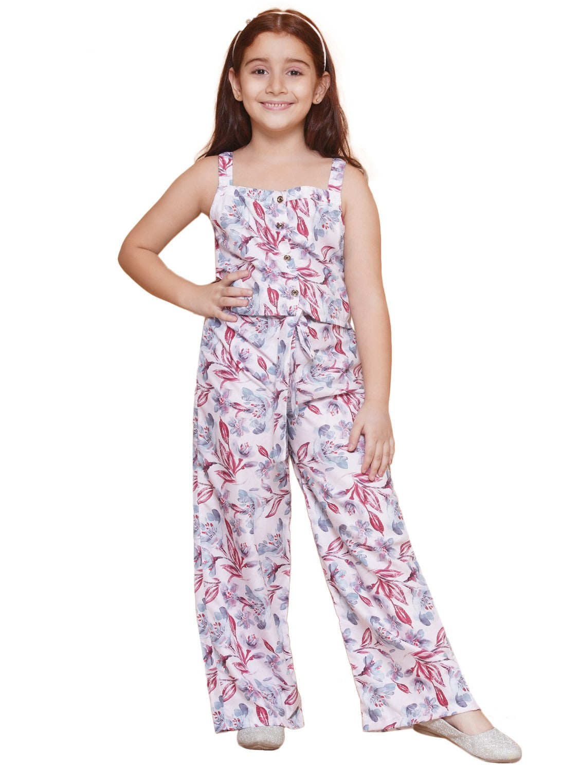 Girls White Crepe Printed Straight Co-Ord Set