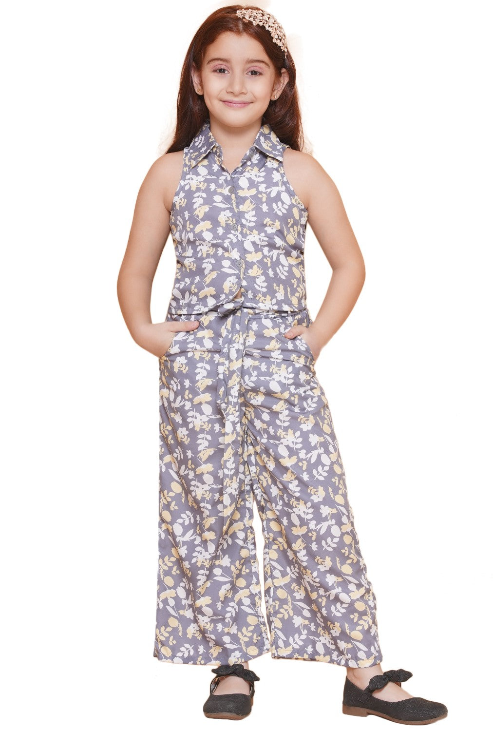 Girls Grey Crepe Printed Straight Co-Ord Set