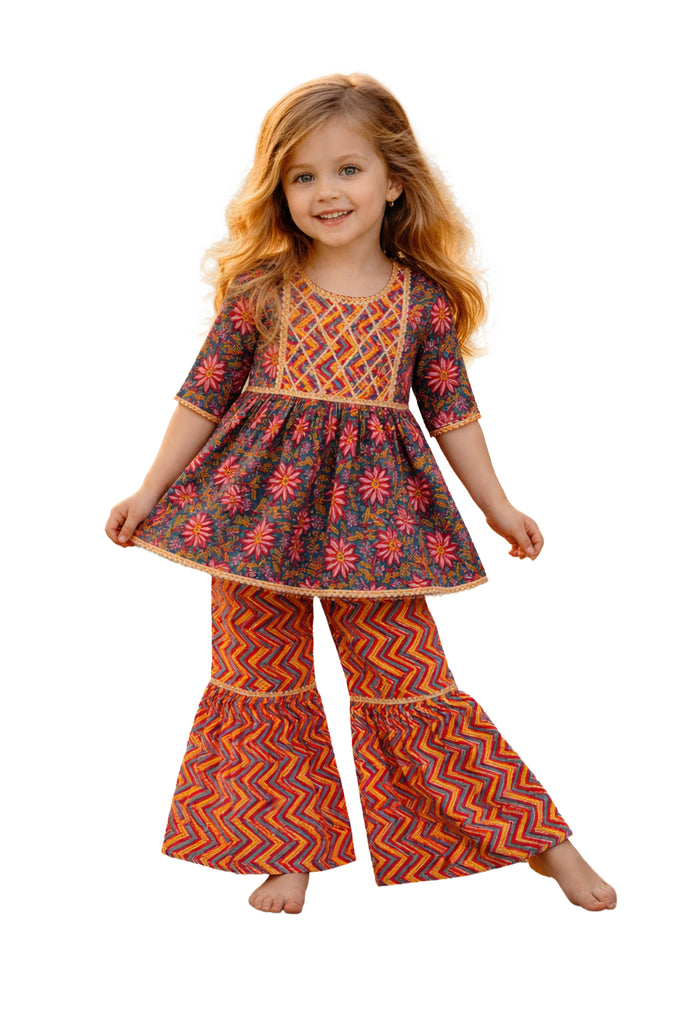 Girl's Multi Color Cotton Floral Sharara Set