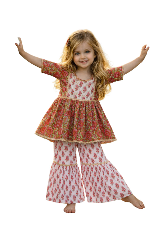 Girl's Red Cotton Floral Sharara Set