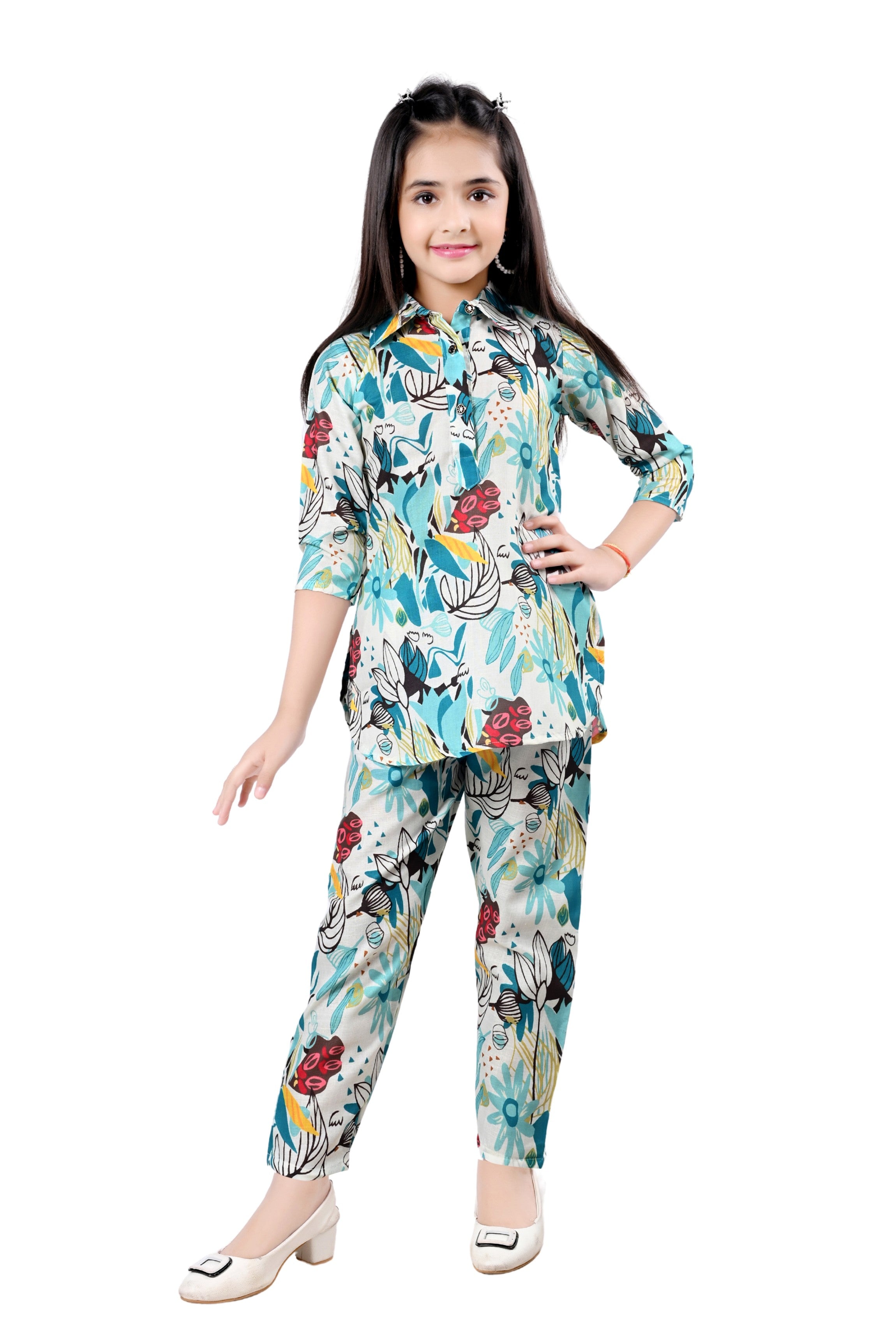 Girls Blue Cotton Blend Printed Straight Co-Ord Set