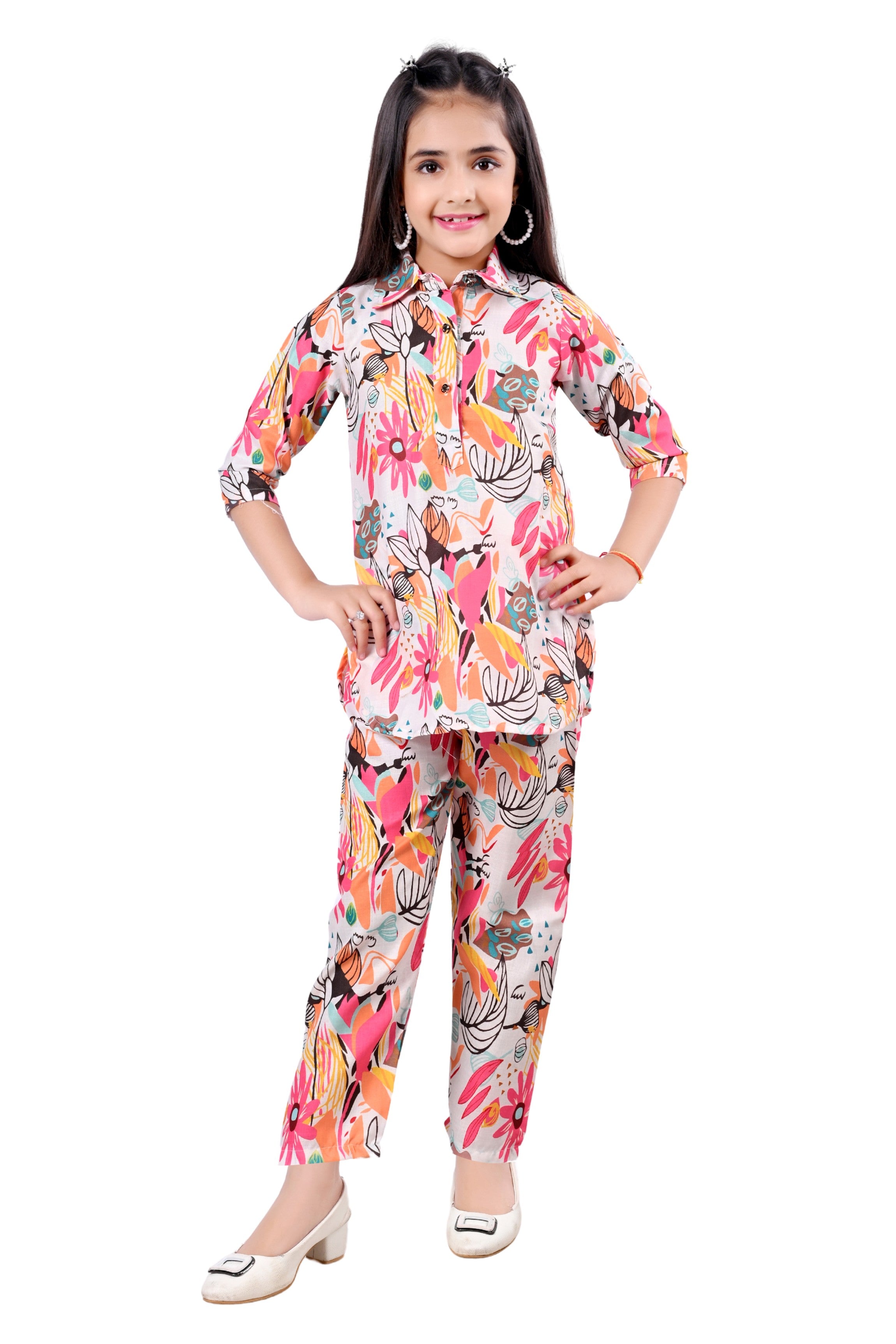 Girls Pink Cotton Blend Printed Straight Co-Ord Set