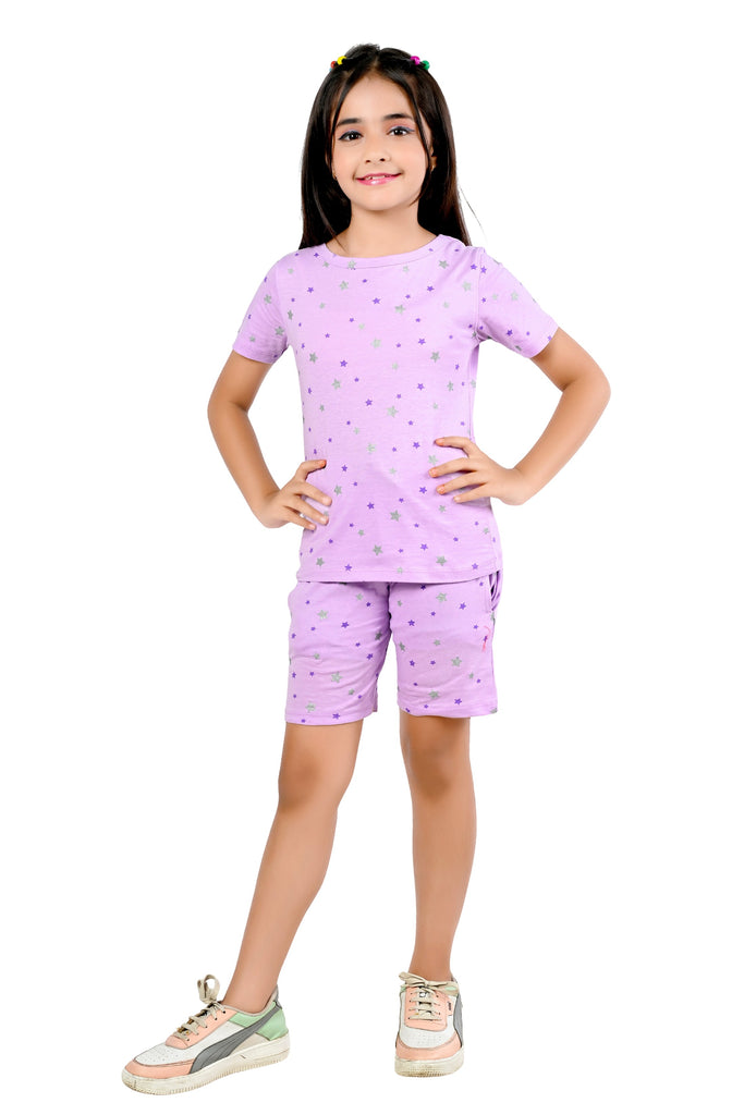 Girls Purple Cotton Blend Printed Straight Co-Ord Set
