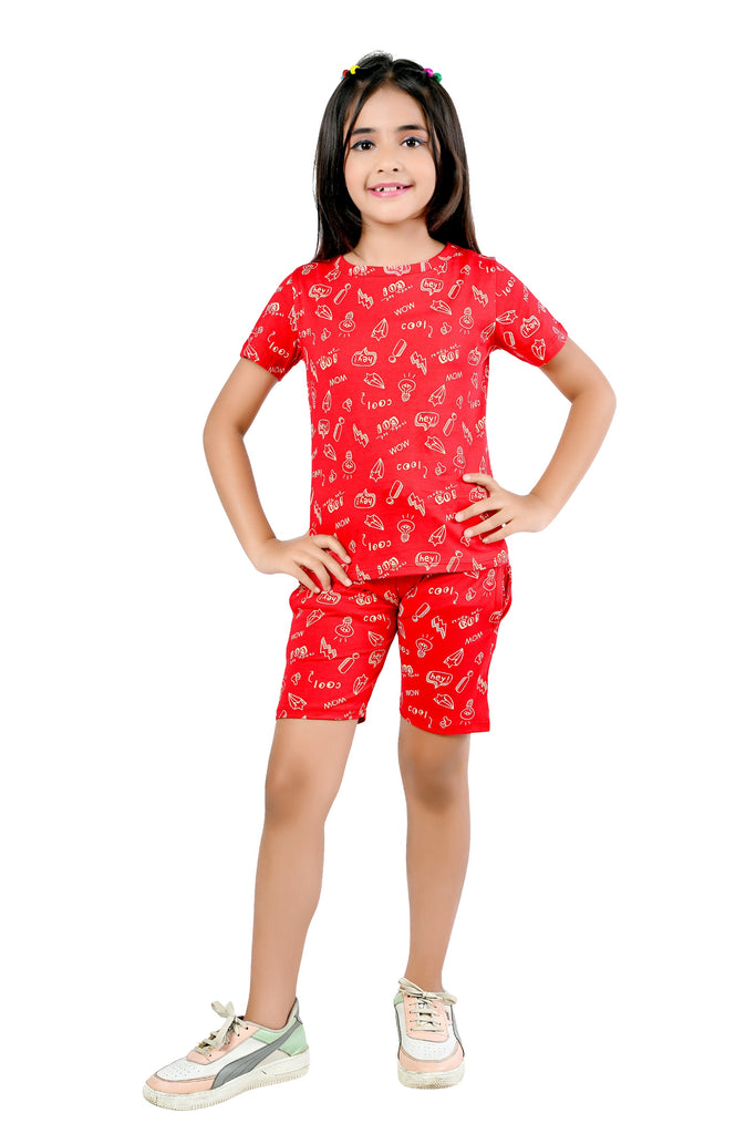 Girls Red Cotton Blend Printed Straight Co-Ord Set