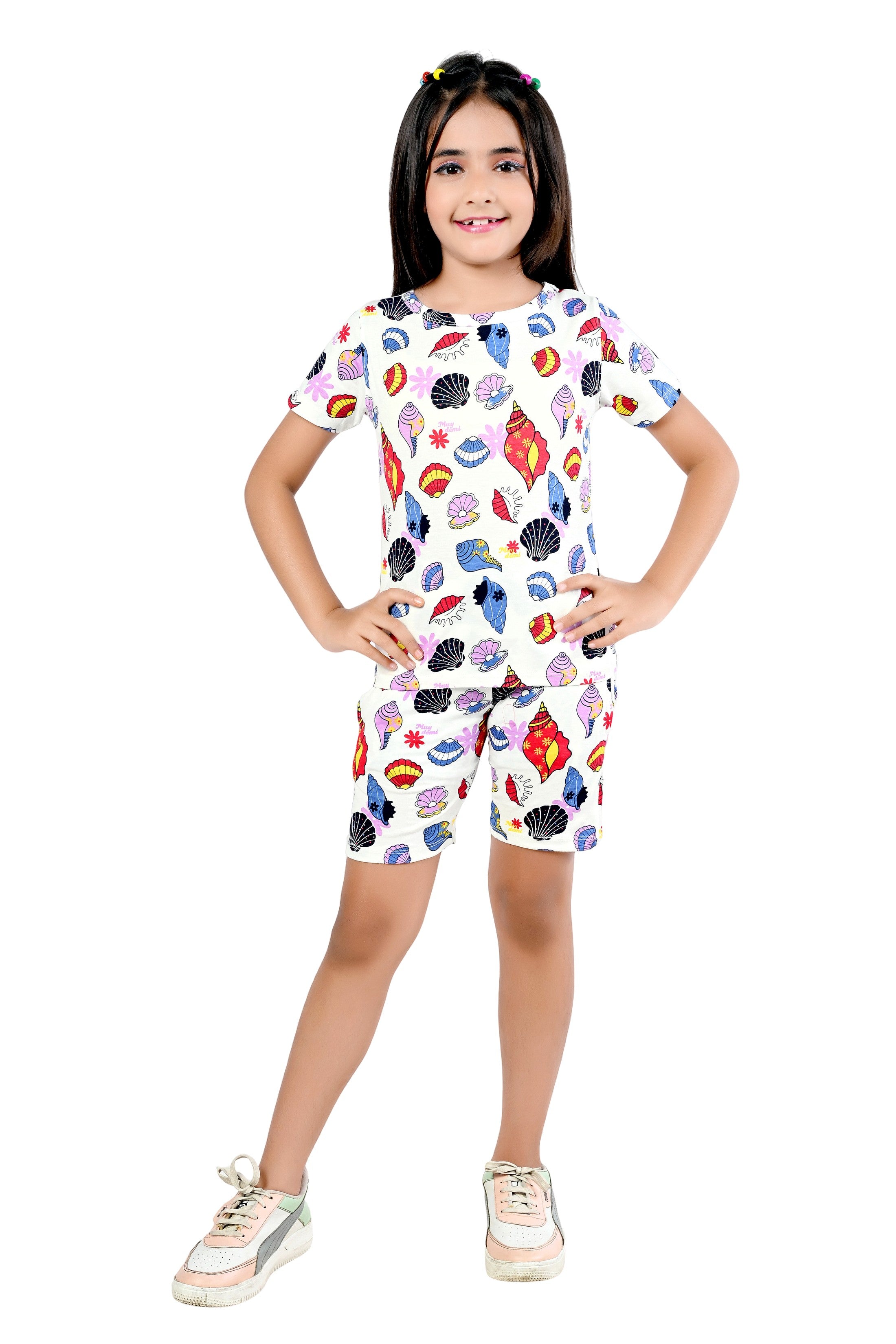 Girls White Cotton Blend Printed Straight Co-Ord Set