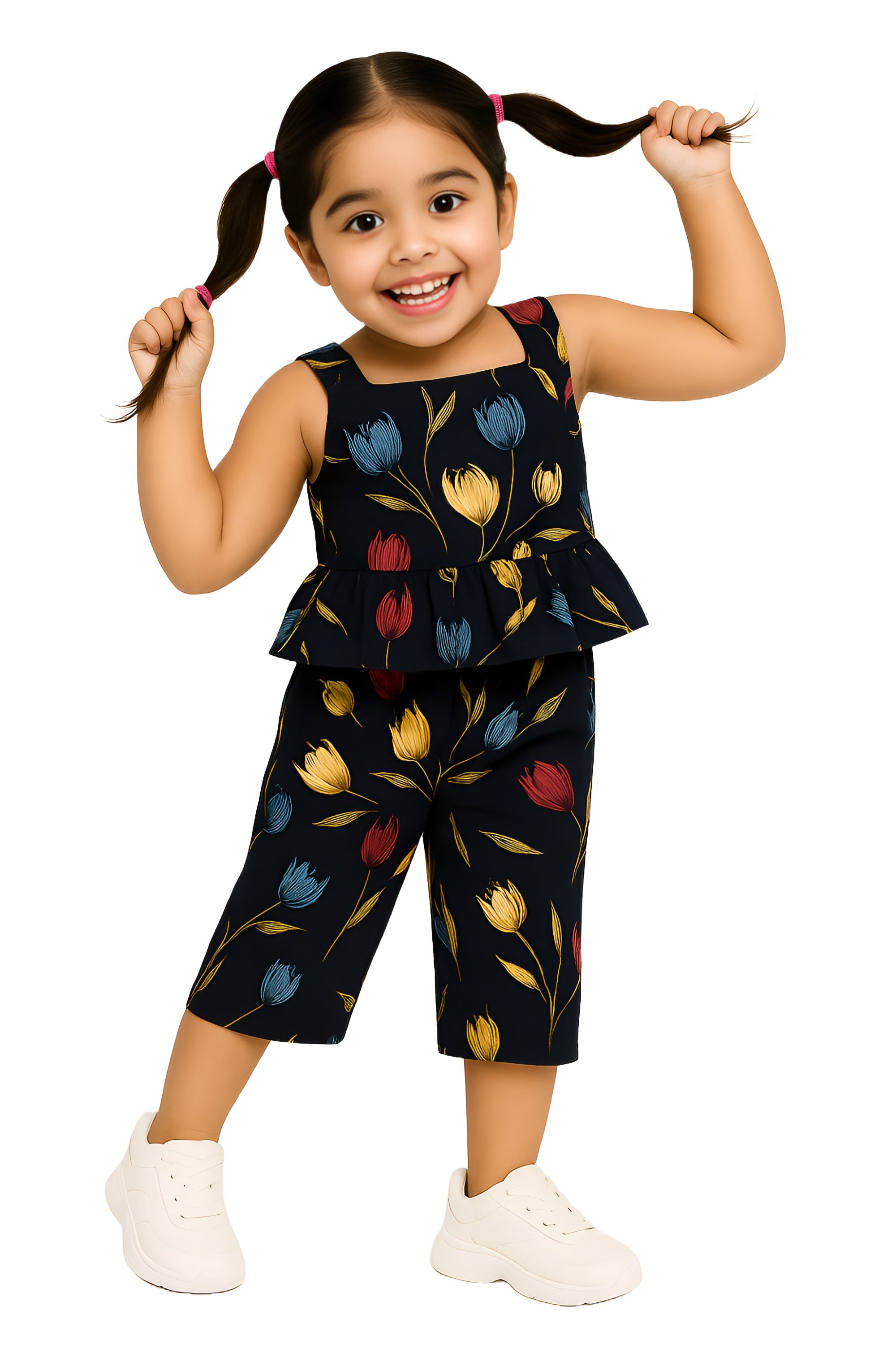 Girls Black Cotton Blend Printed Straight Co-Ord Set