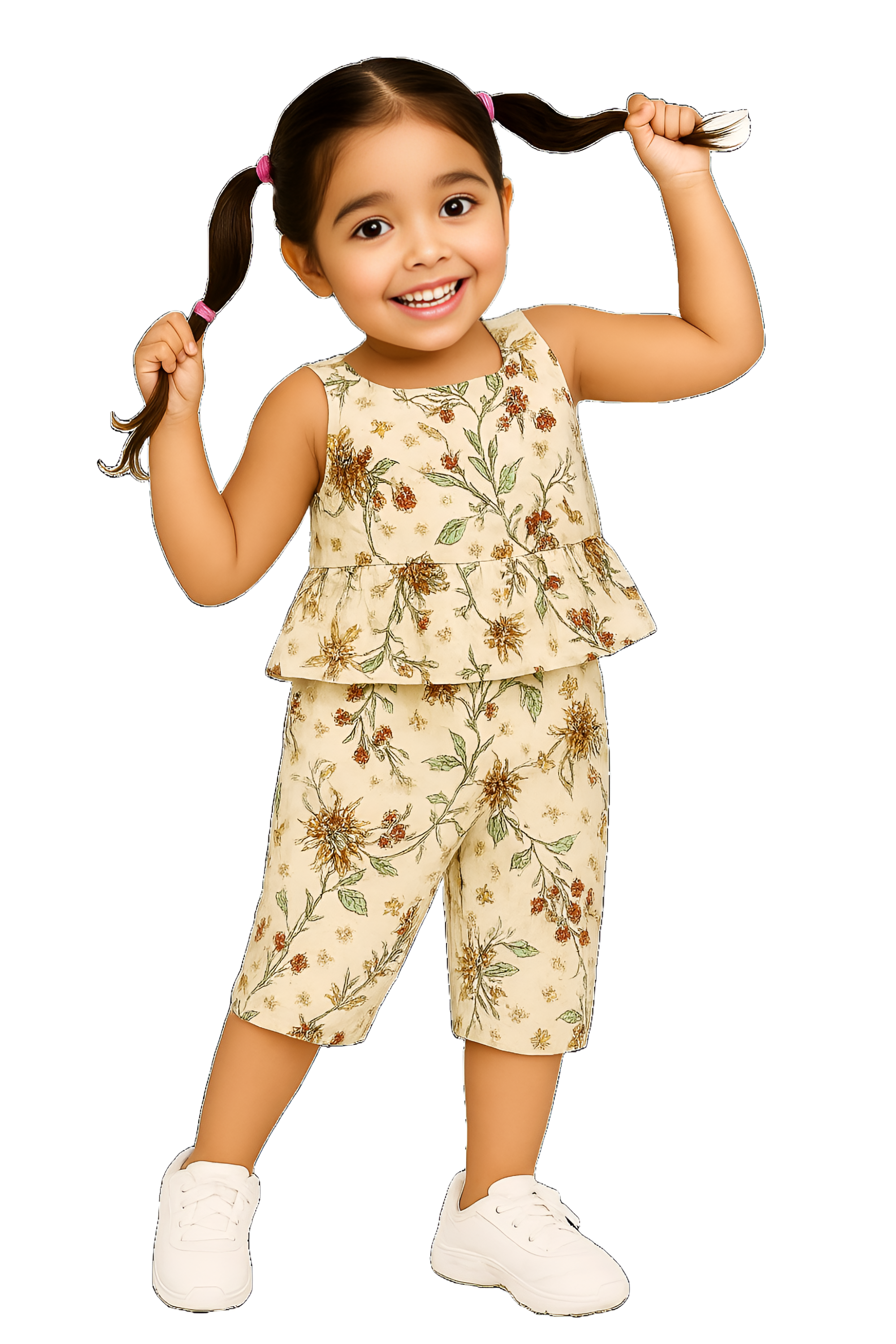 Girls White Cotton Blend Printed Straight Co-Ord Set