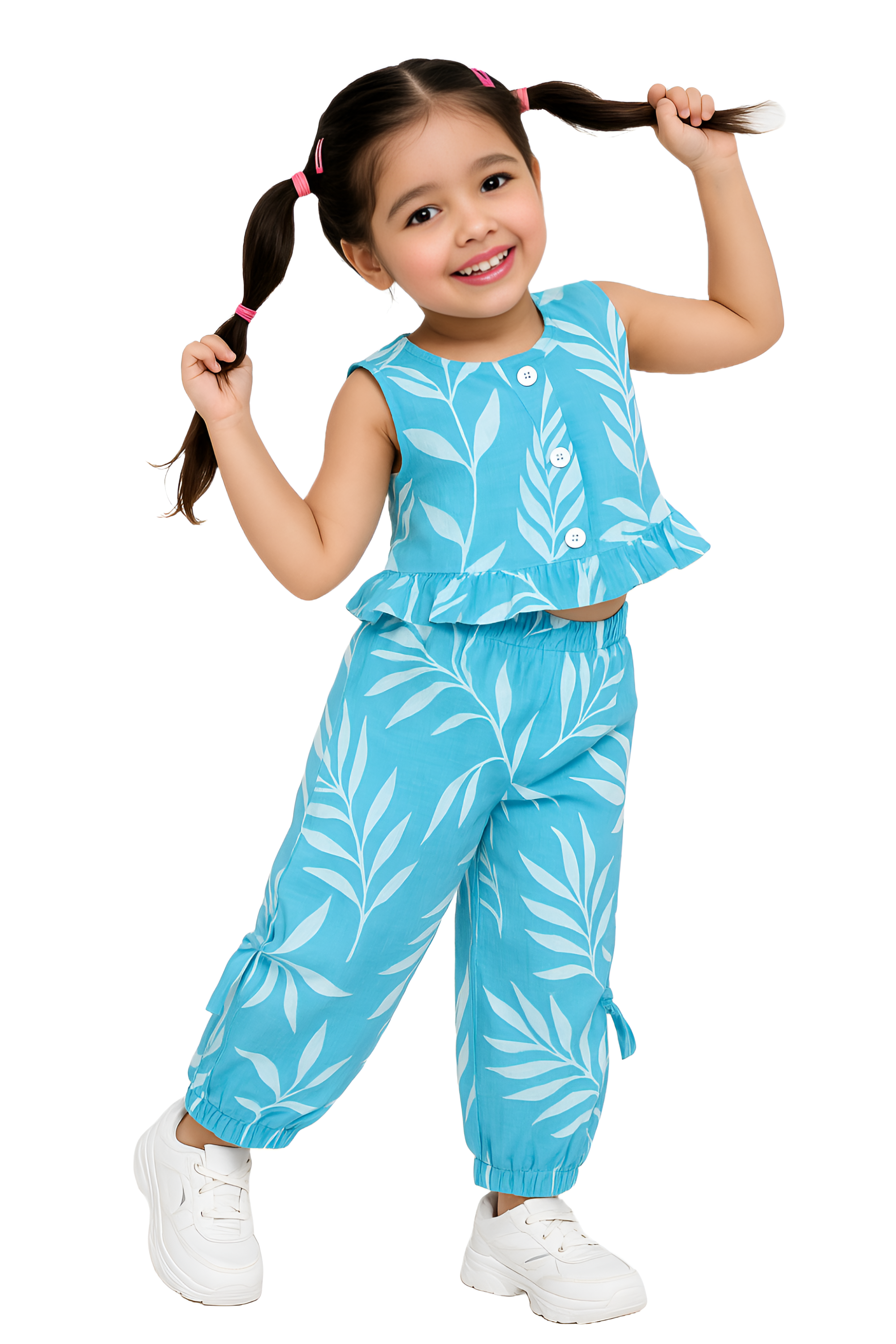 Girls Blue Cotton Blend Printed Straight Co-Ord Set