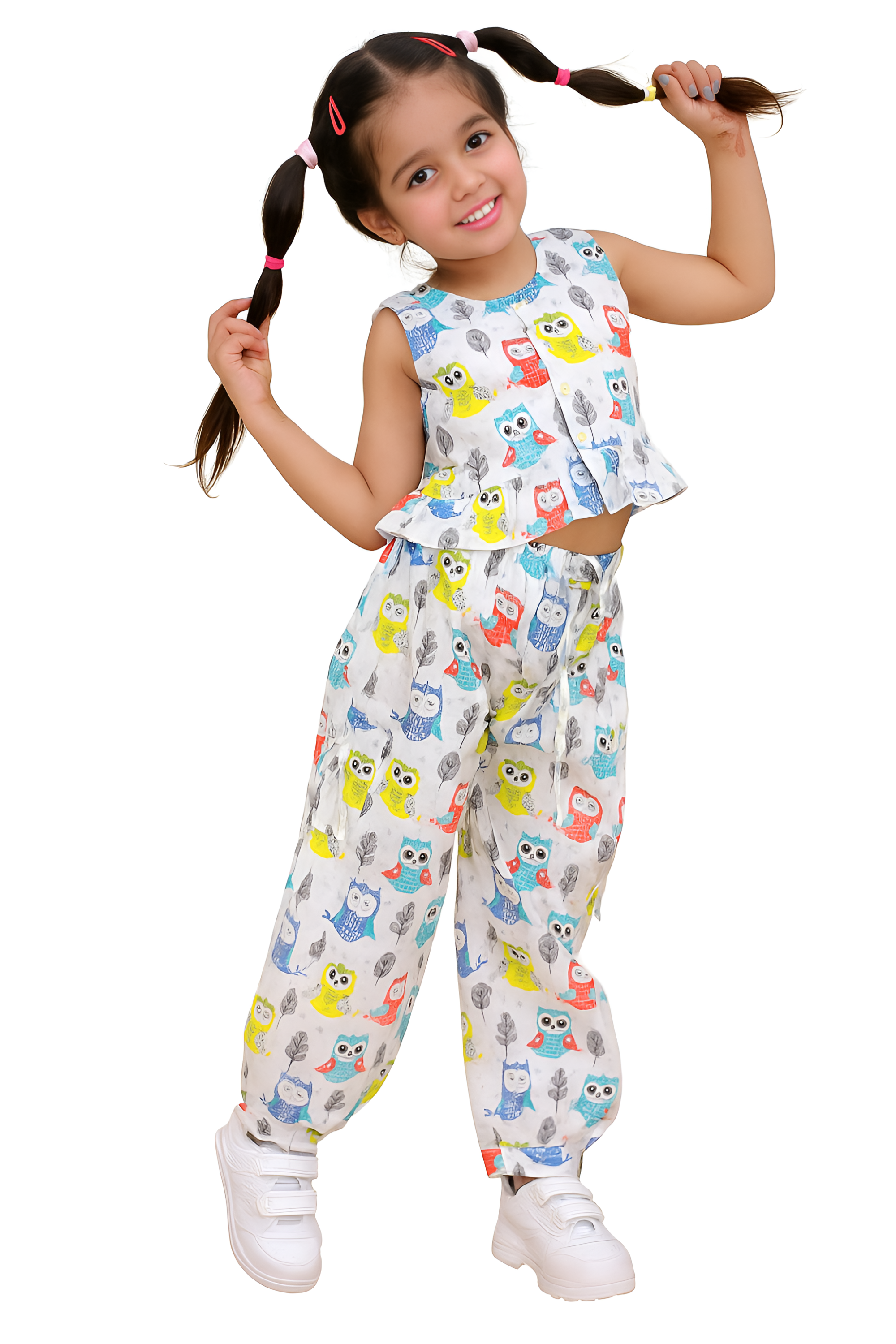 Girls White Cotton Blend Printed Straight Co-Ord Set