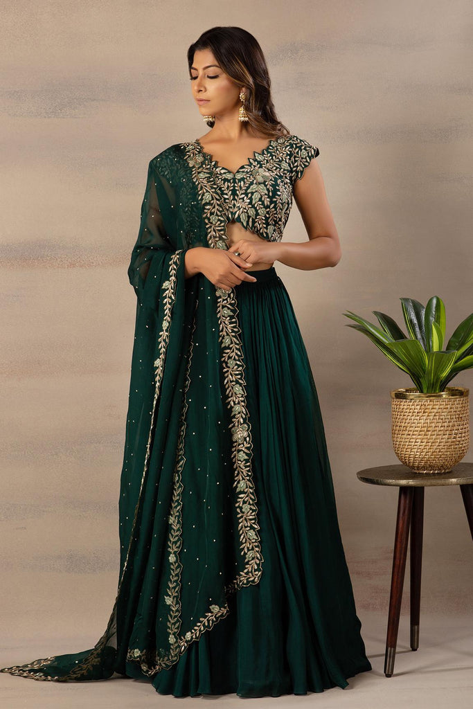 Women's Firozi Georgette Embroidered Lehenga Choli With Dupatta