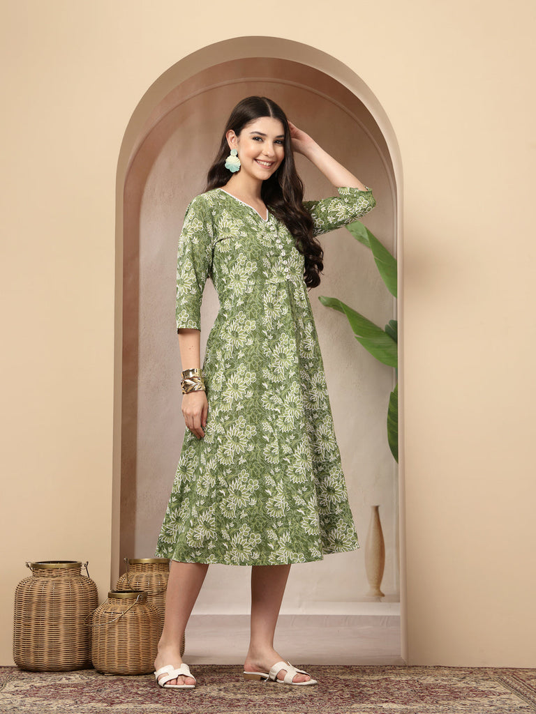Women's Green Floral Printed Cotton Flared Dress