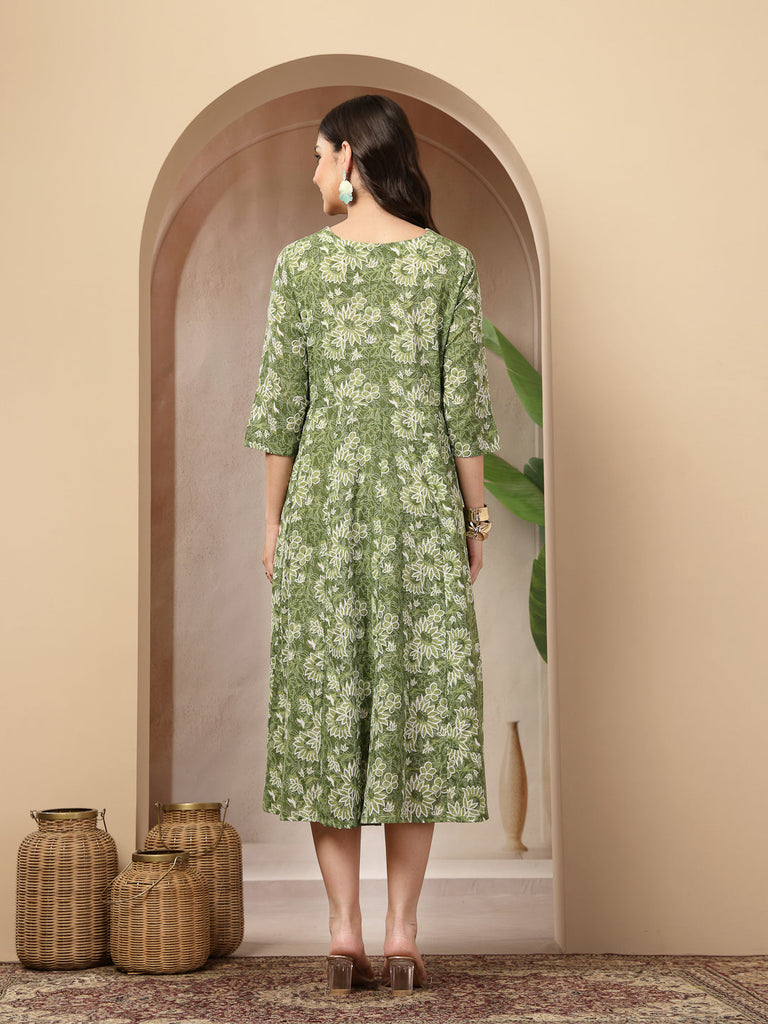 Women's Green Floral Printed Cotton Flared Dress
