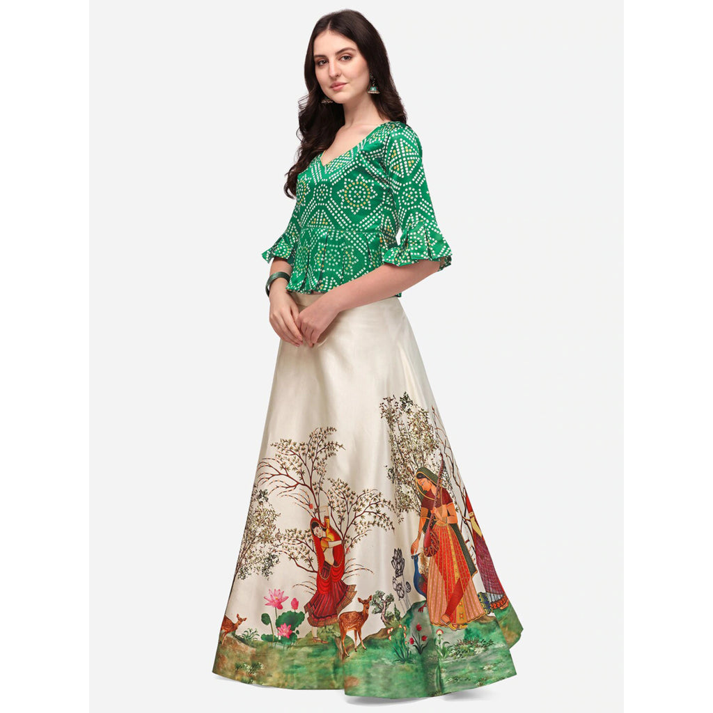 Women's Ethnic Motifs Digital Print Shiney Satin Croptop Lehenga Choli With Unstitched Blouse