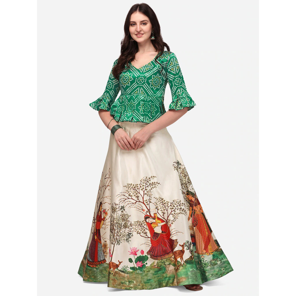 Women's Ethnic Motifs Digital Print Shiney Satin Croptop Lehenga Choli With Unstitched Blouse
