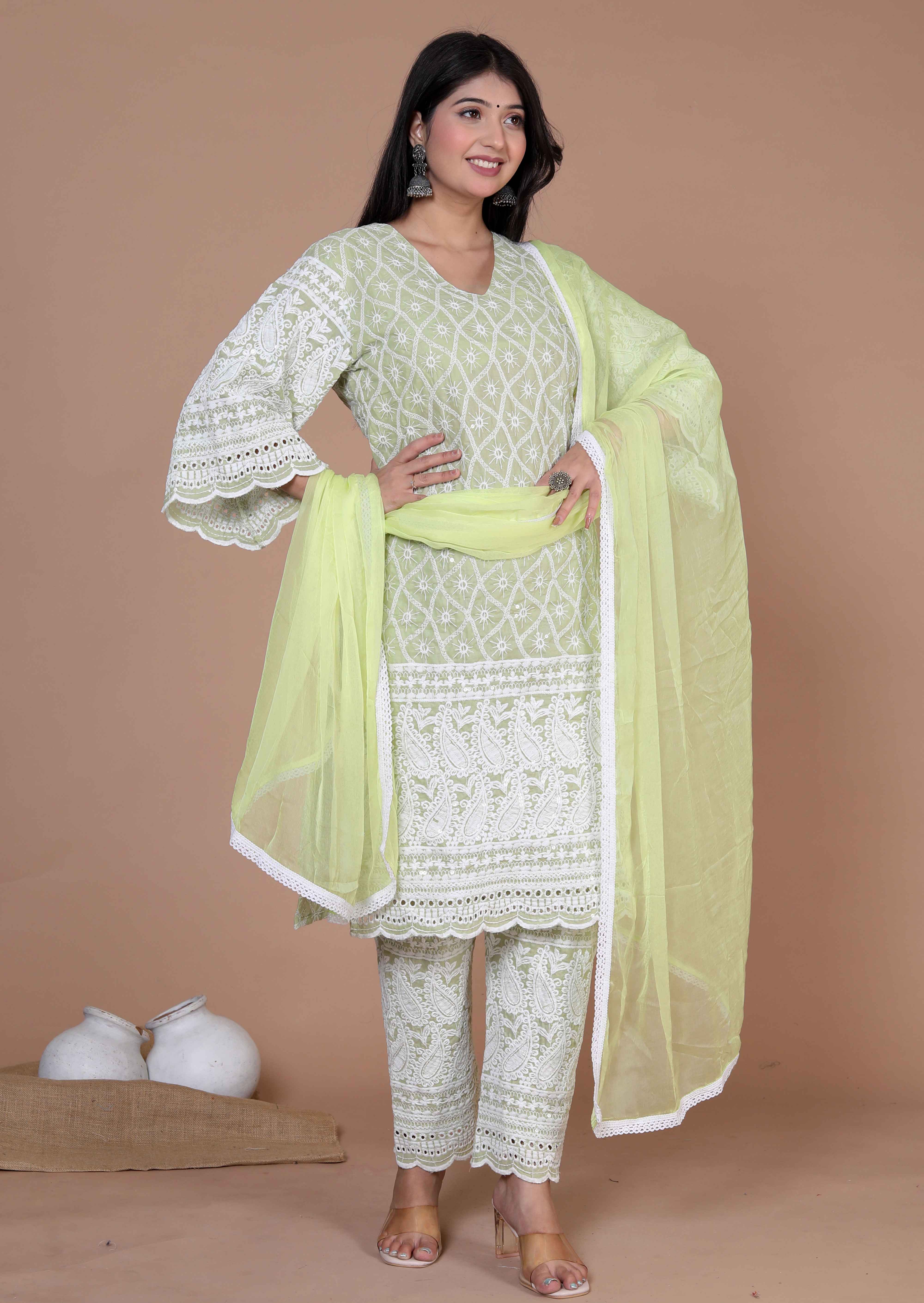 Women's Green Embroidery Chikankari Kurta And Palazzo With Dupatta Set - Doriyaan