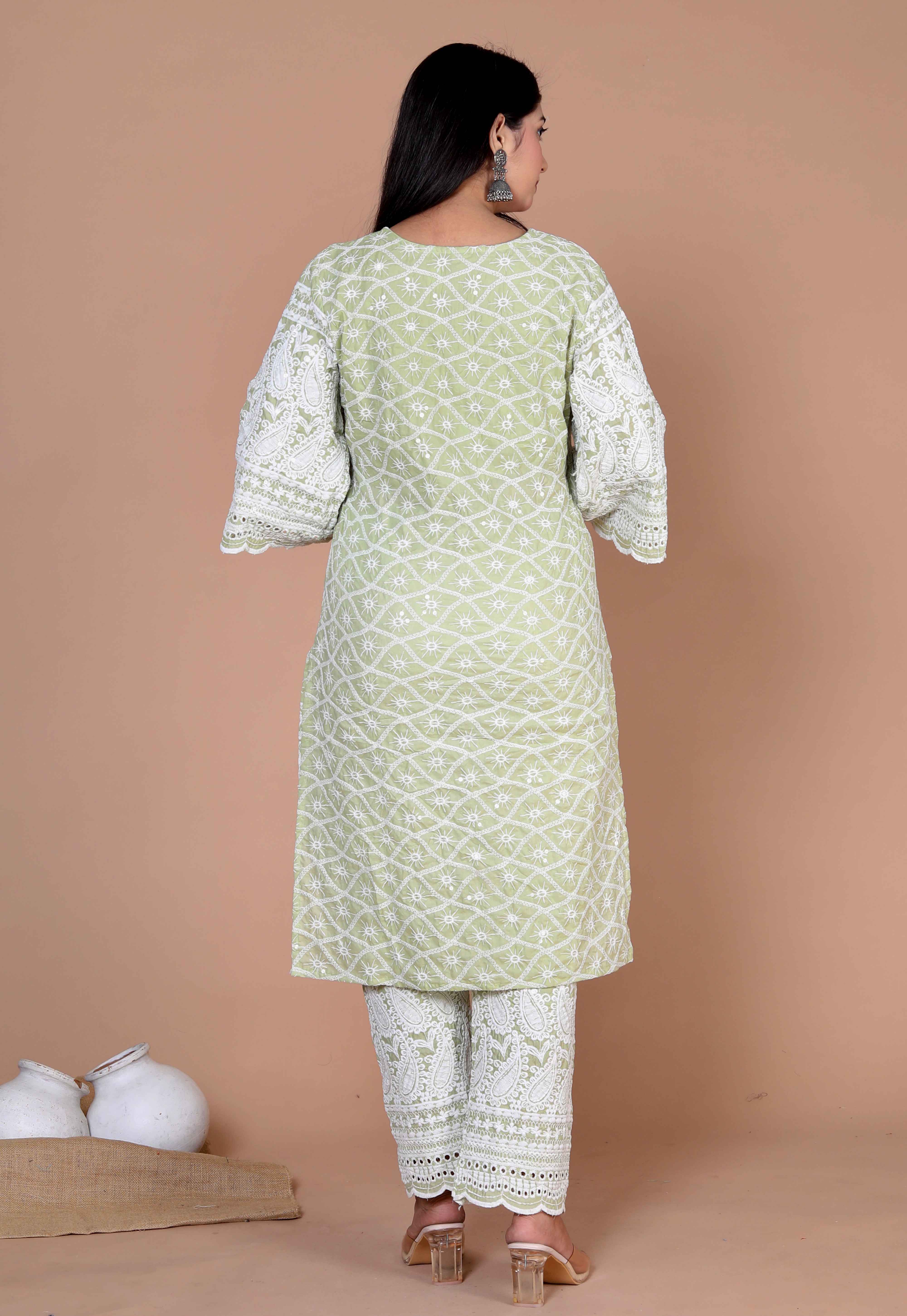 Women's Green Embroidery Chikankari Kurta And Palazzo With Dupatta Set - Doriyaan