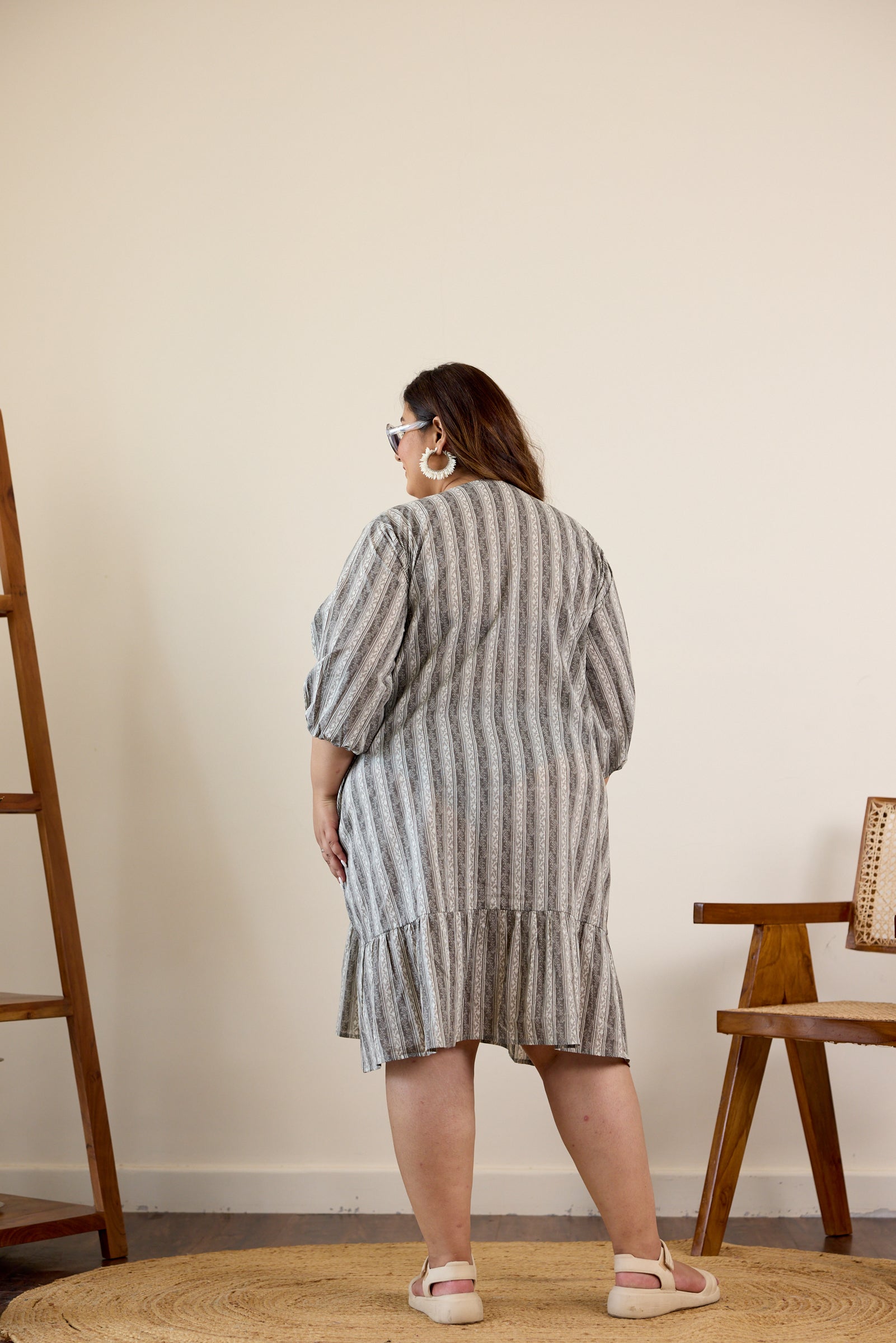 Women's Grey Striped Tiered Midi Dress - Nangalia Ruchira