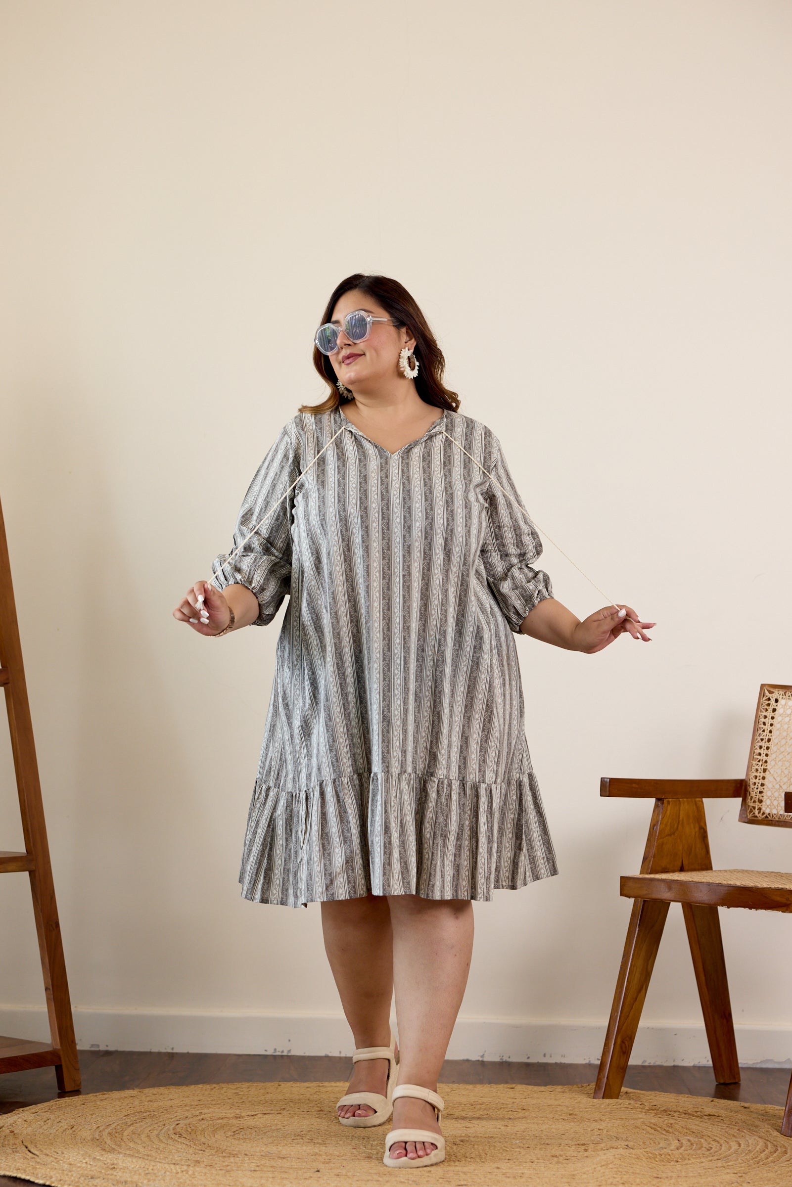 Women's Grey Striped Tiered Midi Dress - Nangalia Ruchira