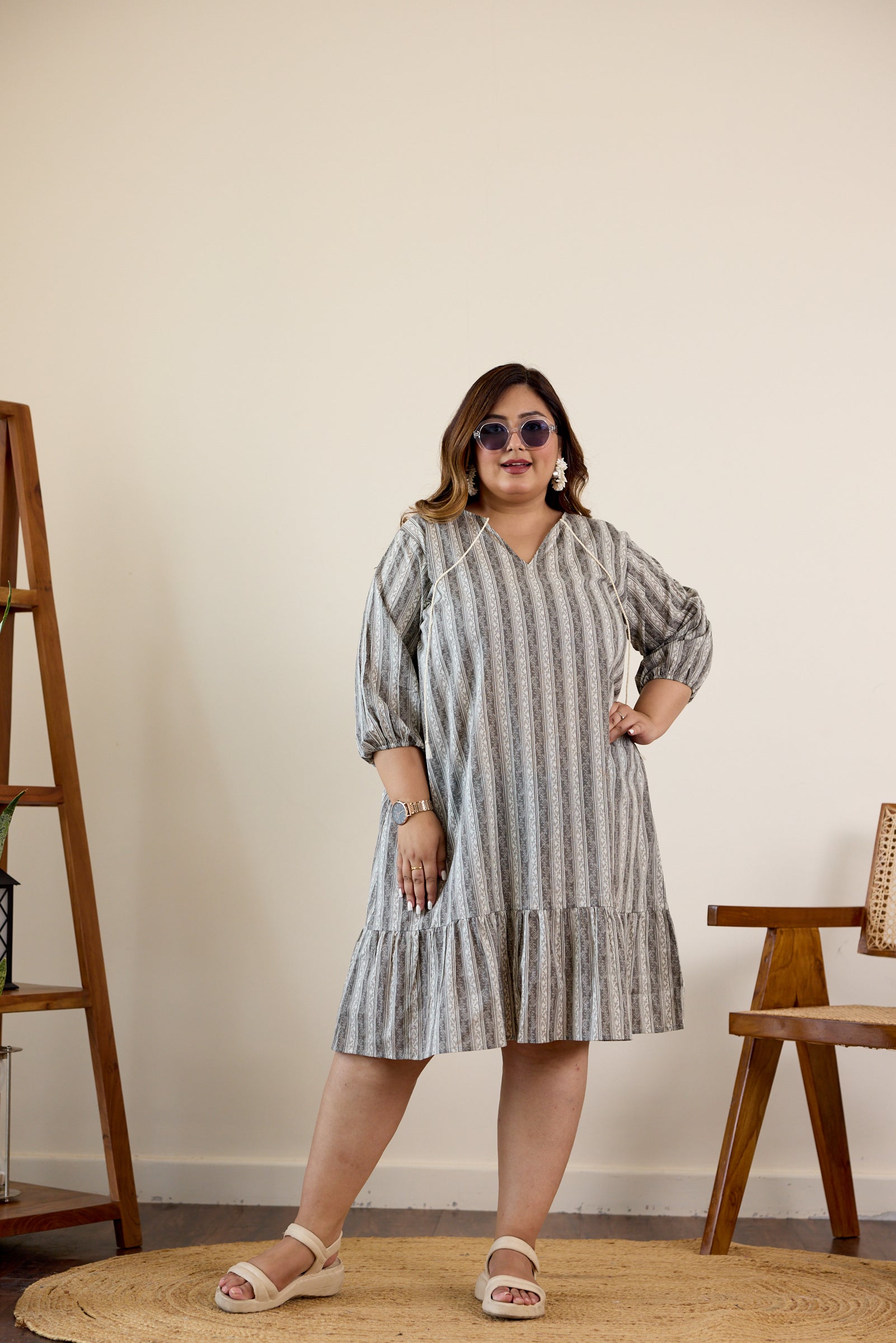 Women's Grey Striped Tiered Midi Dress - Nangalia Ruchira