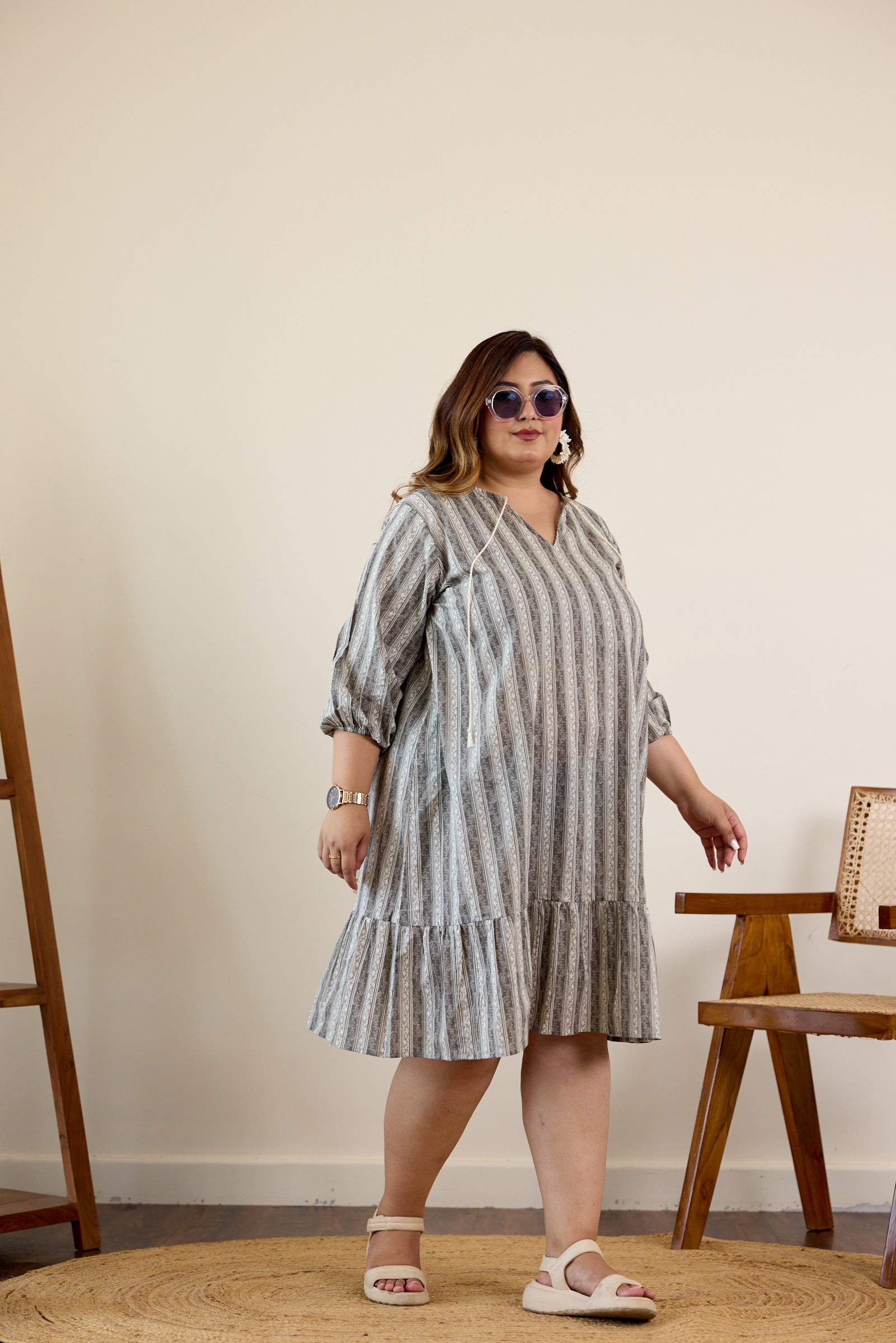 Women's Grey Striped Tiered Midi Dress - Nangalia Ruchira